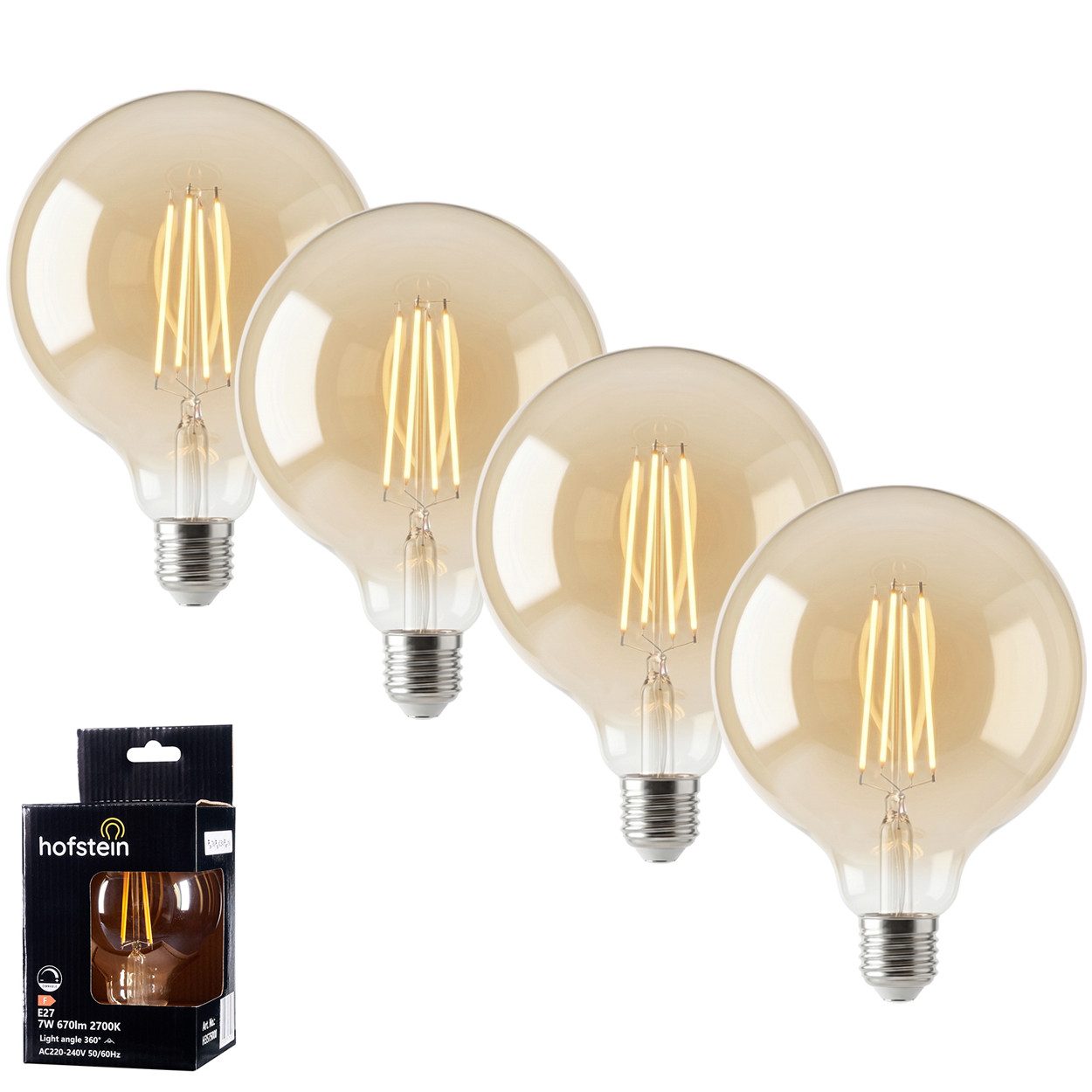 hofstein LED-Leuchtmittel 4er Set Glühbirne Warmweiß dimmbar 7 Watt, E27, 2700 Kelvin, 670 Lumen, Globe Vintage, Filament, Amber