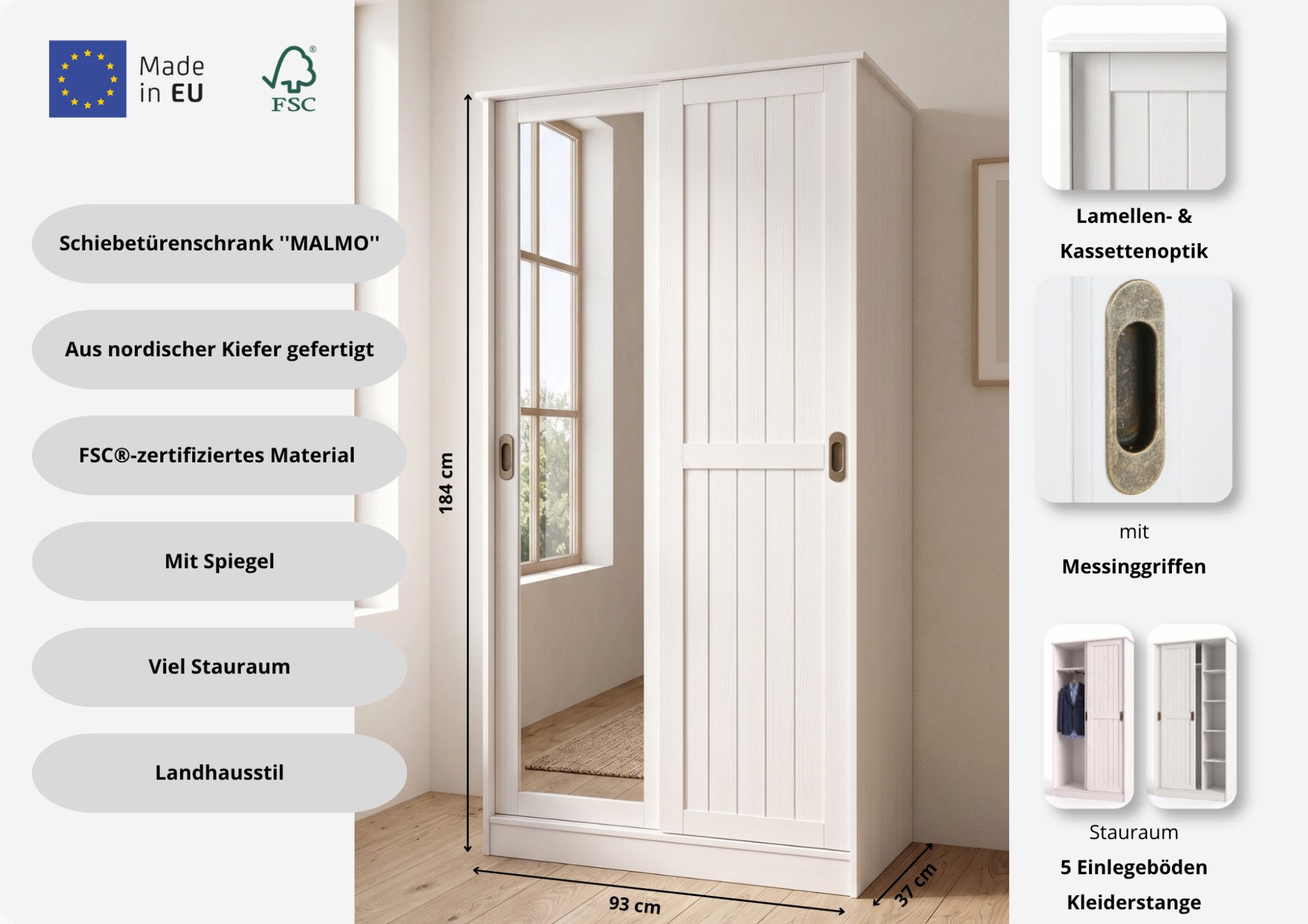OTTO home Garderobenschrank Malmö Mehrzweckschrank mit Schiebetüren und Spiegel (B/T/H: 93/37/184 cm) aus massiver FSC®-zertifizierter Kiefer, B/T/H 93/37/187 cm