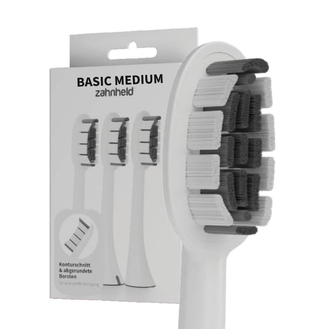 Zahnheld Aufsteckbürsten Ersatzbürsten Basic Medium - ideal für Schallzahnbürste Gero, im 3er, 6er oder 9er Set, Zahnpflege Set, mittelharte Wechselköpfe, plastikfrei verpackt, 3 Stück, weiß