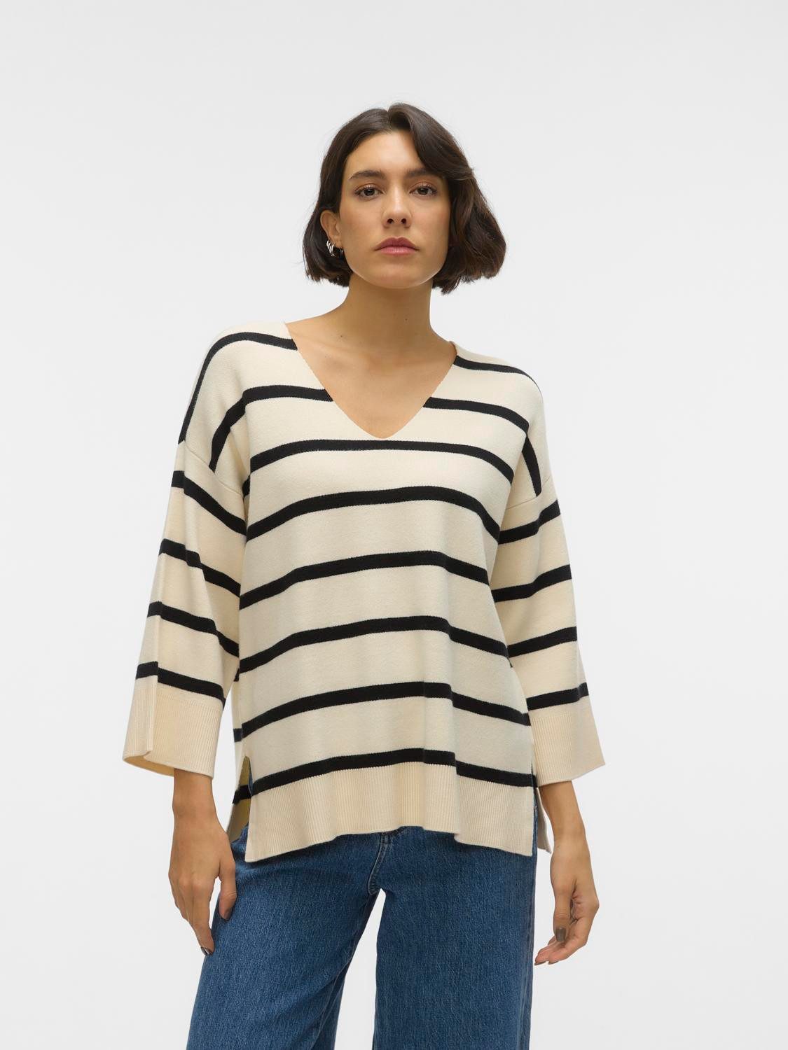 Vero Moda V-Ausschnitt-Pullover VMSABA 3/4 V-NCK STRIPE PULLOVER GA NOOS