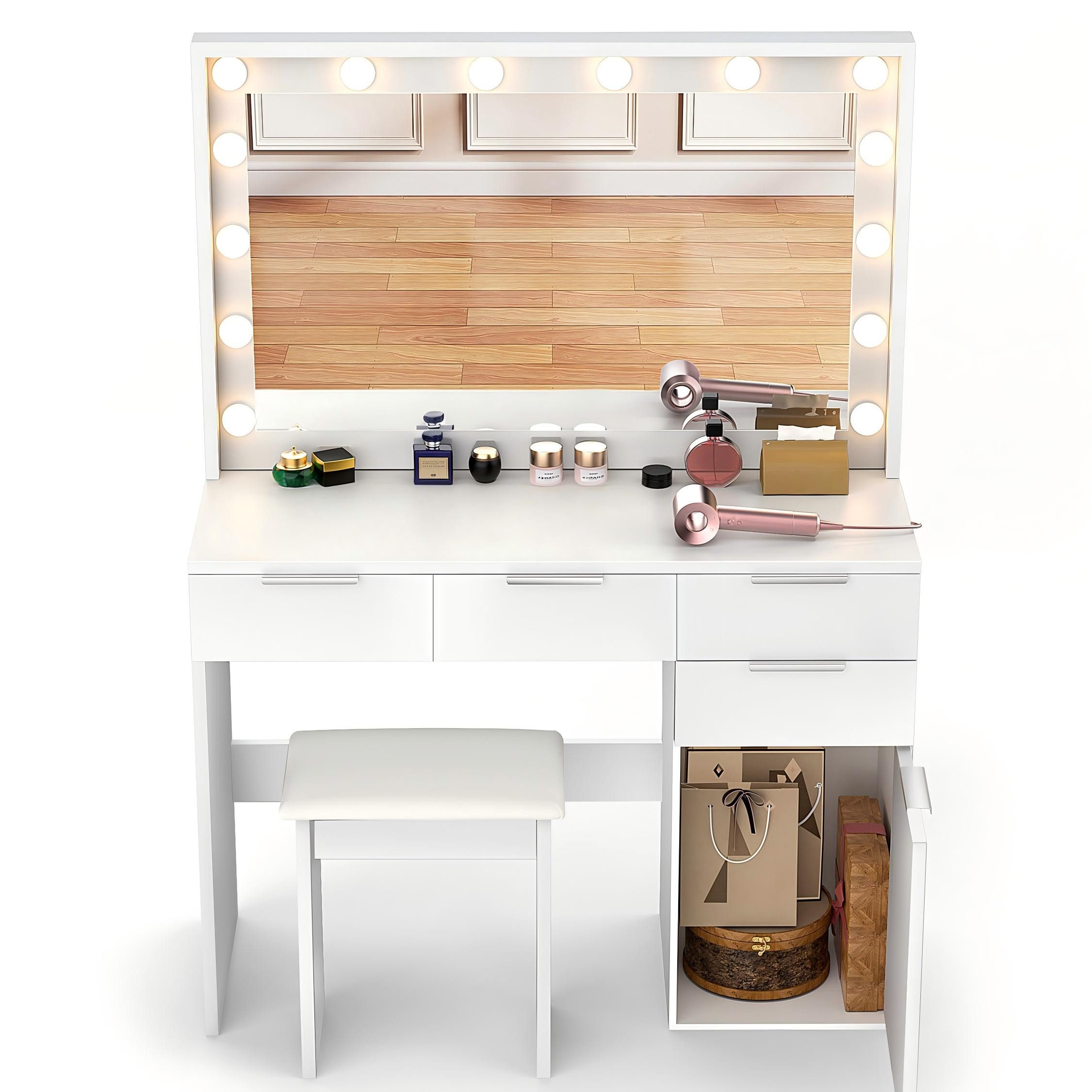 oyajia Schminktisch Schminktisch-Set mit Stuhl,Kosmetikschrank,mit USB-Anschluss (Schminkspiegel, LED-Beleuchtung, Touch-Dimmen), Verstellbare dreifarbige,Führungsschiene aus Holz,Kosmetikspiegel