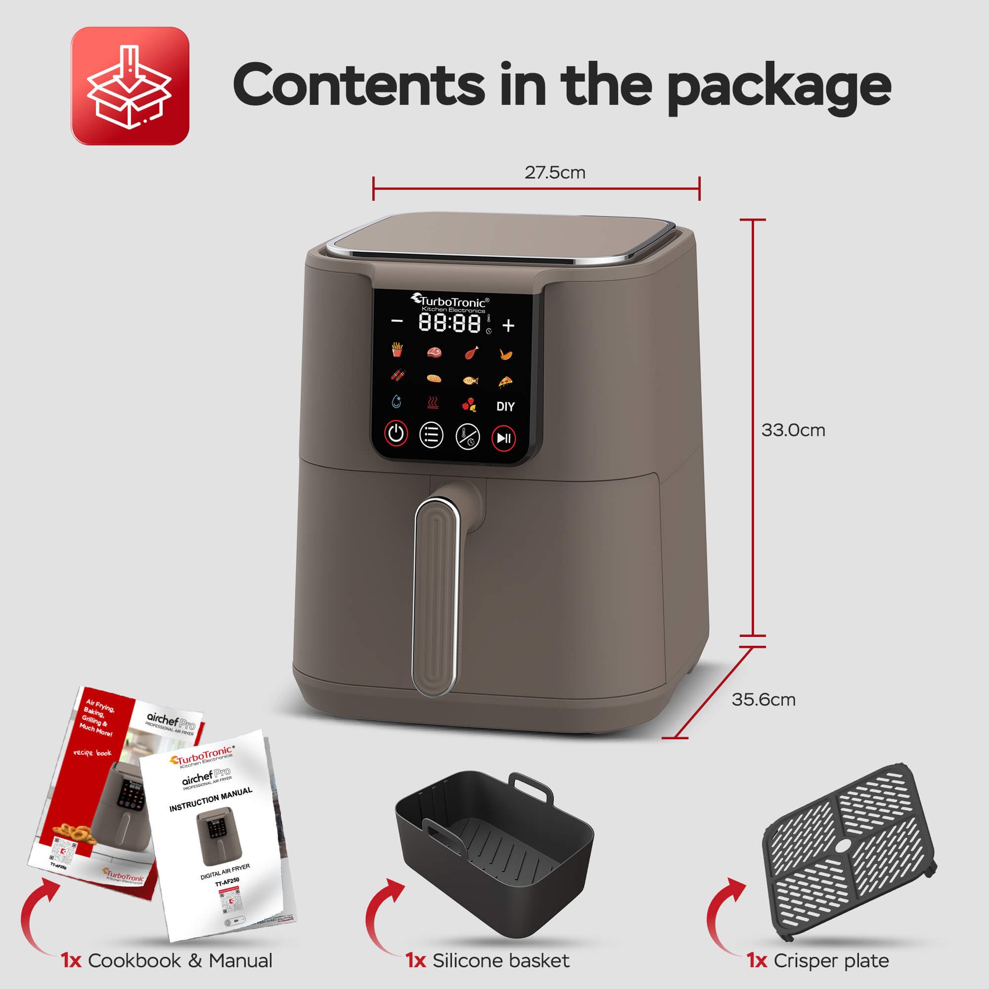 TurboTronic by Z-Line Heißluftfritteuse mit Silikoneinlage perfekte Pommes 12 Programme Heissluftfritteuse, 1500 W, Power Airfryer 40-200°C Air Friteuse ohne Fett/Öl Grill Dörren Braten