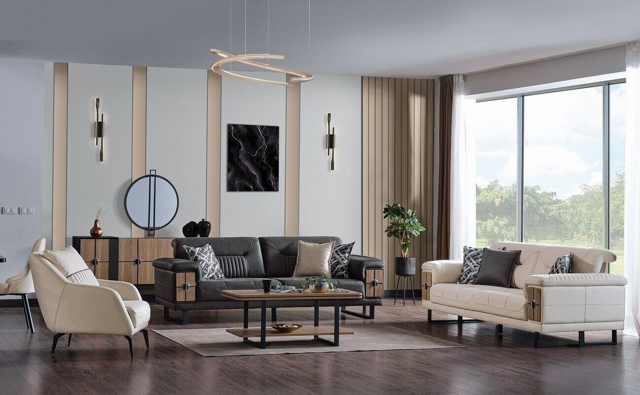 JVmoebel Wohnzimmer-Set Sofagarnitur 3+3+1 Sitzer Wohnzimmer Set Komplett Textil Sofa Sessel, (3-St., 2x Sofa 3 Sitzer + 1x Sessel), Made in Europa