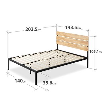 ZINUS Bettgestell PAUL 140x200 cm Metall Bettgestell mit Kiefer Lattenrost (Bett)