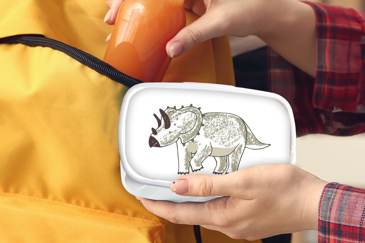 Brotdose, Jungs - und Triceratops MuchoWow Jungen - Lunchbox Kinderzimmer Dinosaurier für für Mädchen Brotbox Kinder (2-tlg), - Kunststoff, - - Erwachsene, Kinder, weiß Mädchen und