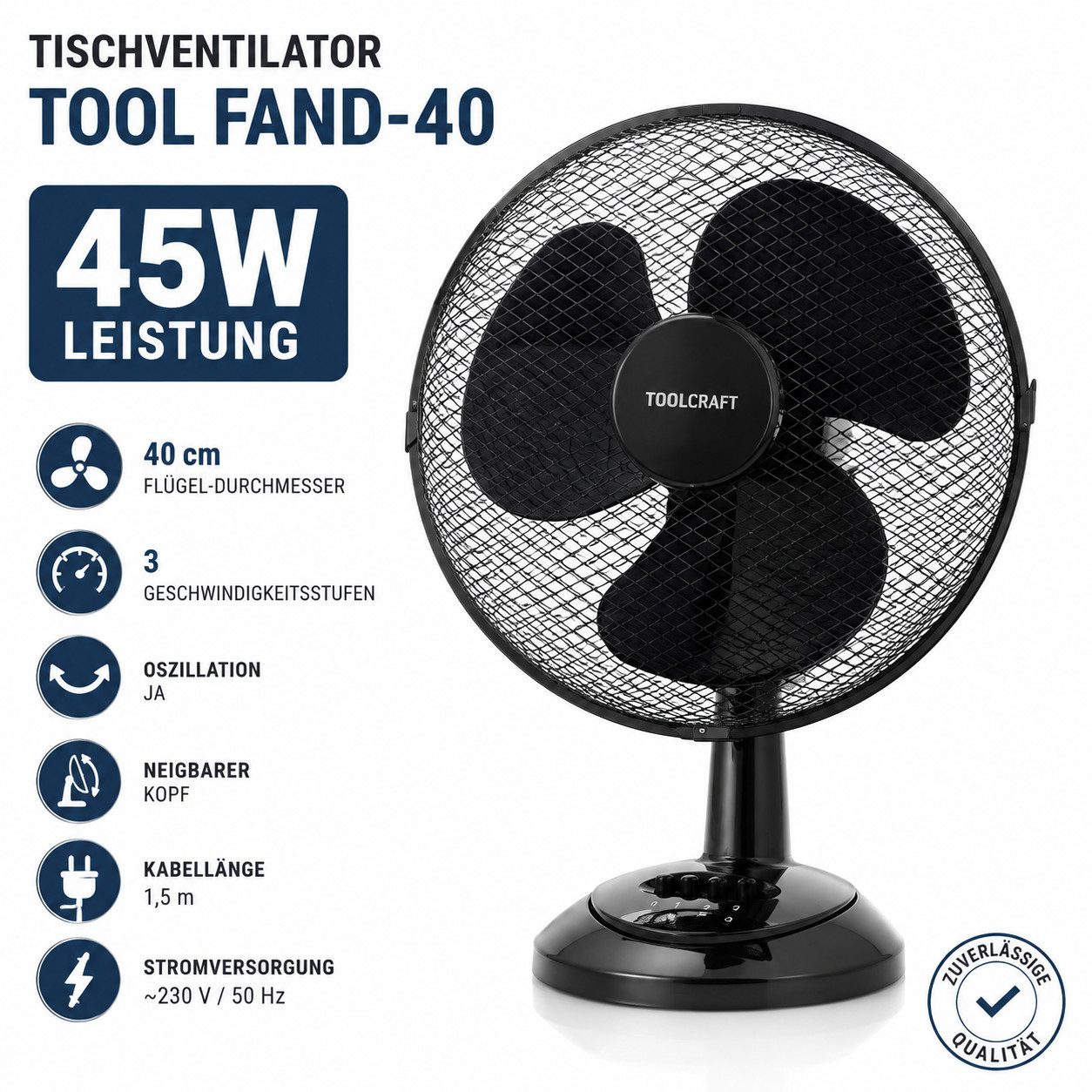 Ertex Tischventilator Turmventilator Tischventilator STAND 45W 40cm Durchmesser WHITE/BLACK