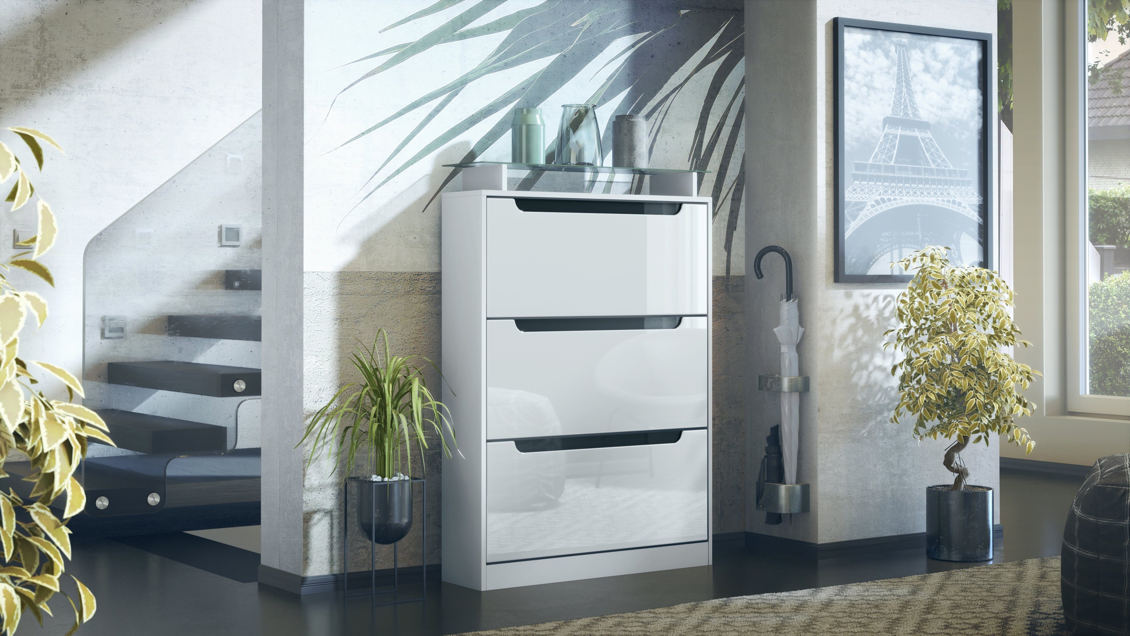 Vladon Schuhschrank Space (Schuhkipper, für 24 Paar Schuhe mit 3 Klappen und Glasablage) Weiß matt&glänzend mit Absetzungen in Schwarz glänzend (89x128x23 cm)