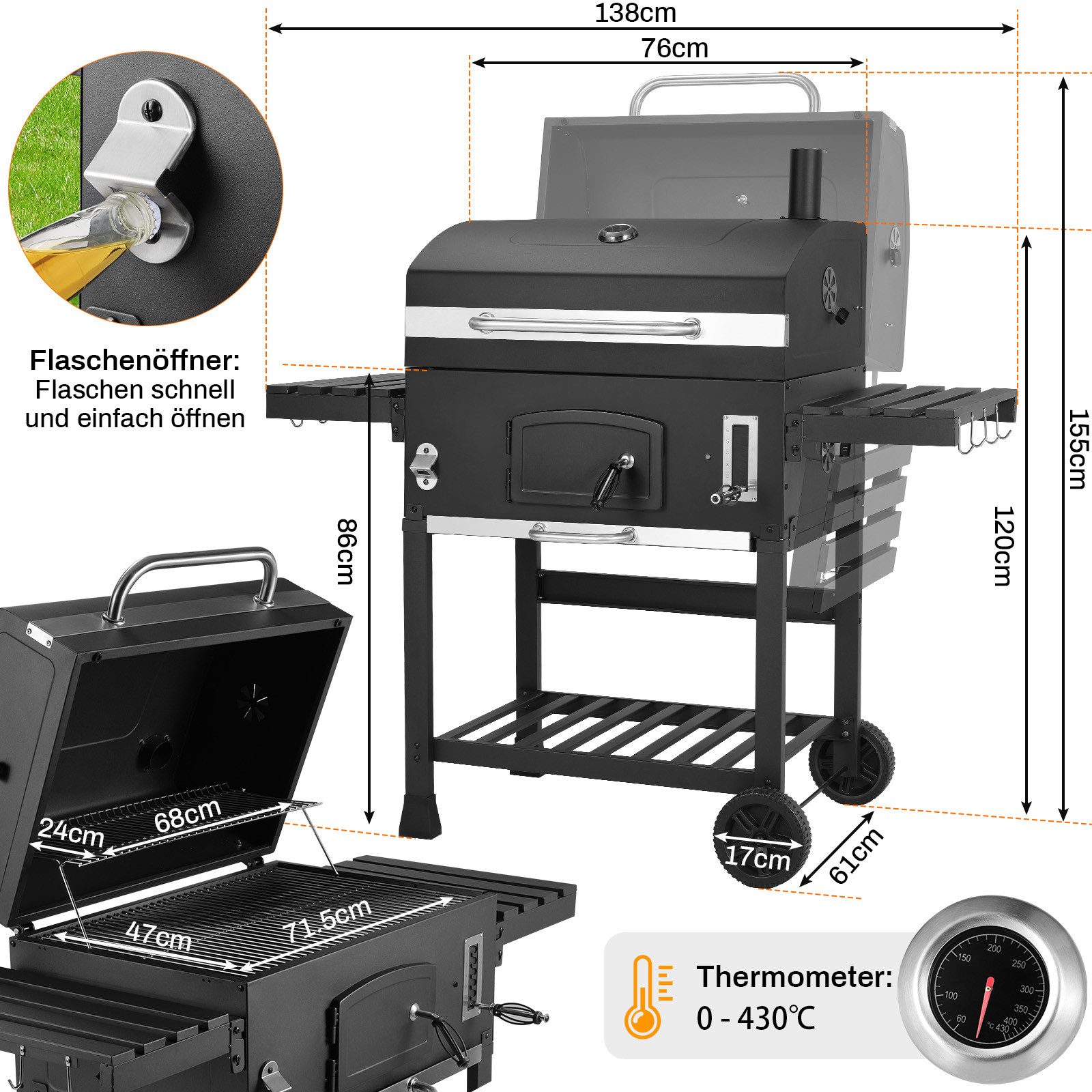 TLGREEN Holzkohlegrill BBQ Smoker mit Deckel XXL, Grillwagen Holzkohle mit Schornstein, Rädern und Thermometer, Höhenverstellbare Kohleschale, Groß Kohlegrillwagen für Camping