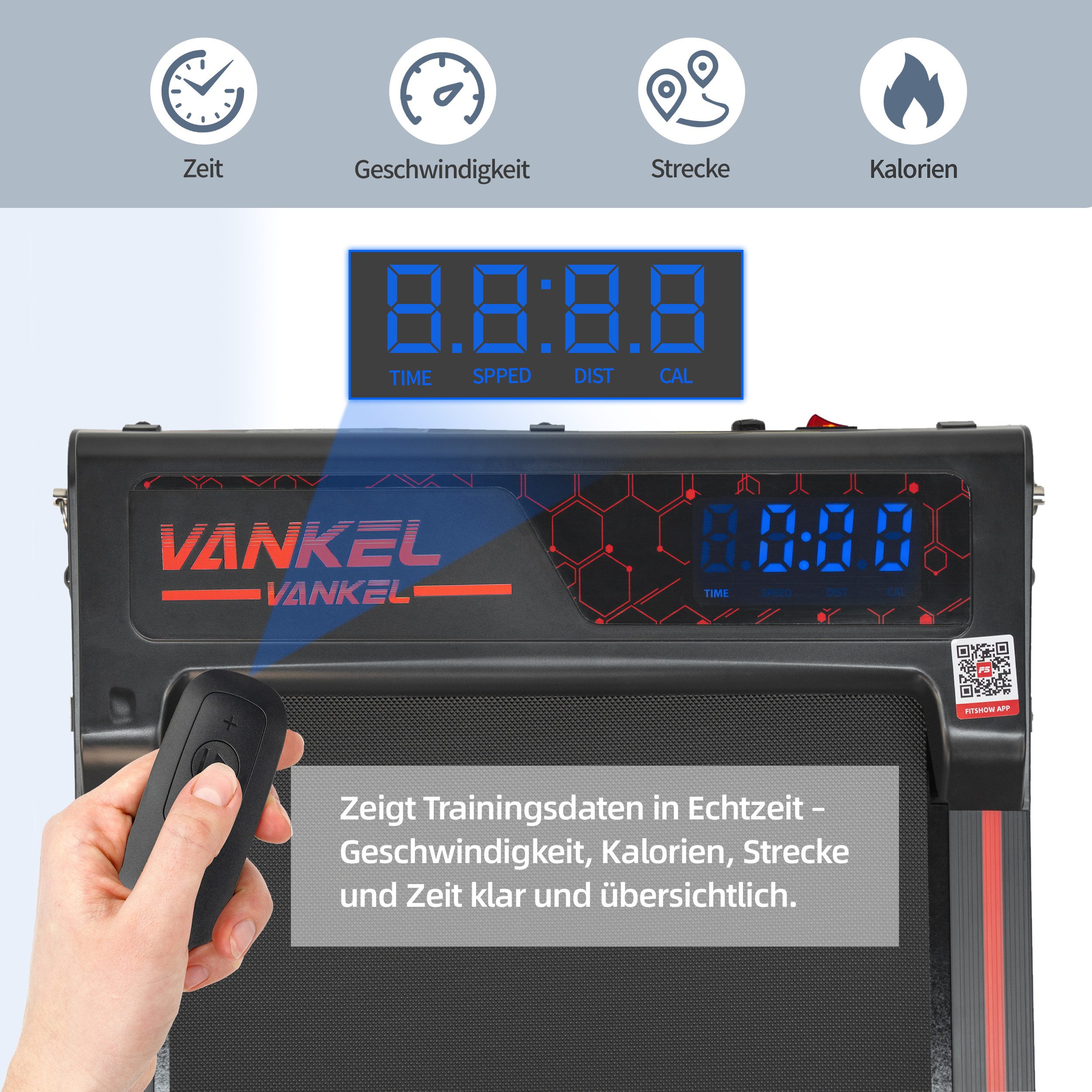 Vankel Laufband klein für zur hause, Walking Pad mit Steigung, 1-12 km/h, bis 120kg (mit App, Bluetooth, WLAN, LED-Display & Fernbedienung), Laufband mit steigung 8%, bis 6km/h, 110kg max., Noise<45db