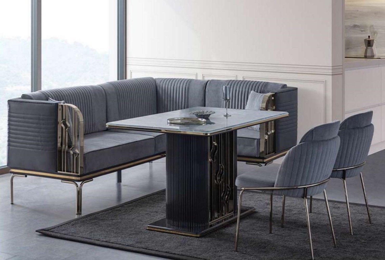JVmoebel Essgruppe Graues Esszimmer Set aus Edelstahl mit Textil-Stühlen, (4-tlg., Esstisch/2х Stühle/Eckbank), Made in Europa