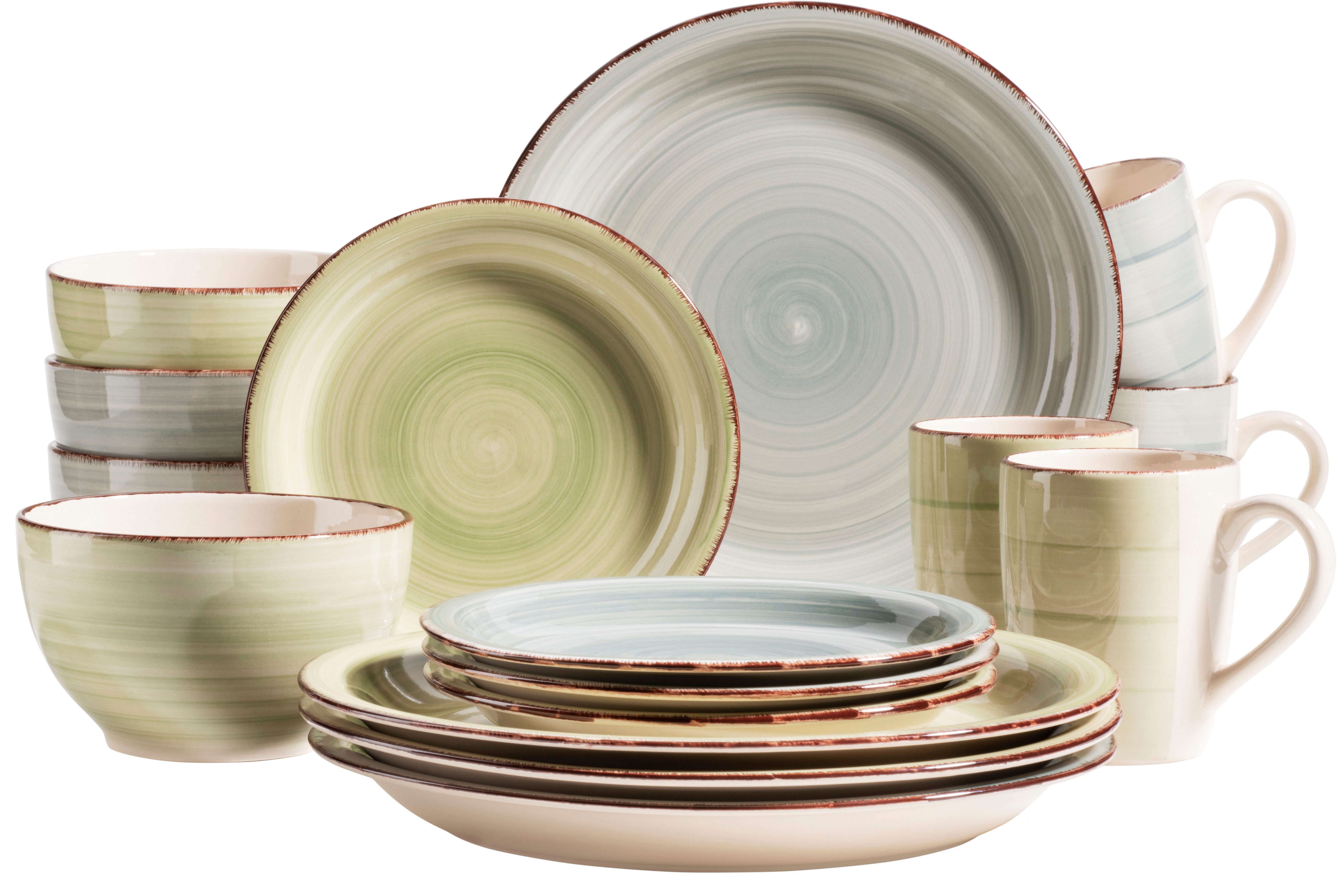 MÄSER Kombiservice Lumaca (16-tlg), 4 Personen, Steingut, Holzoptik, handbemalter Pinselstrich, jedes Teil ein Unikat