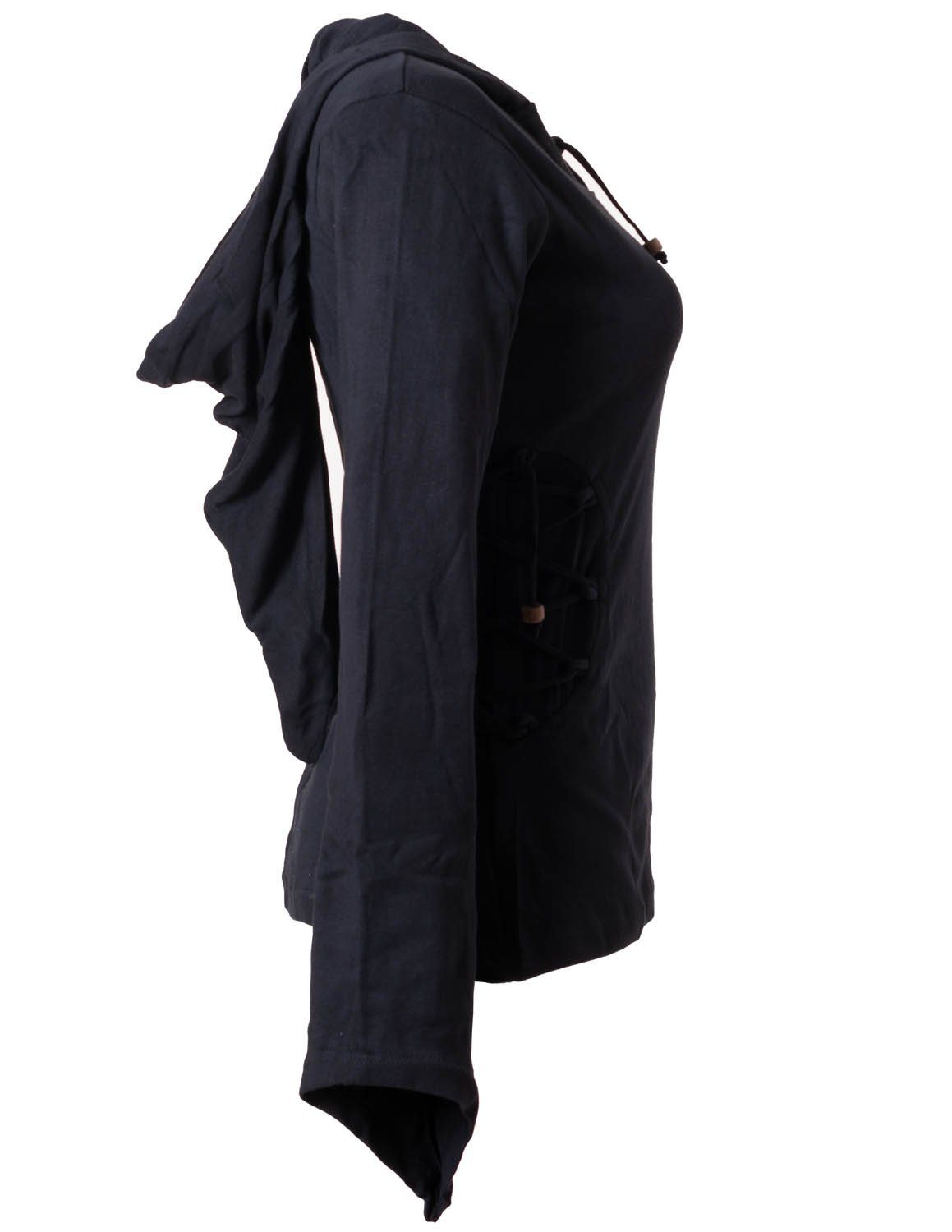 Vishes Style und Elfenshirt Bändern Gothik Zipfelkapuze schwarz Hoody, zum Ethno, Schnüren Kapuzenshirt