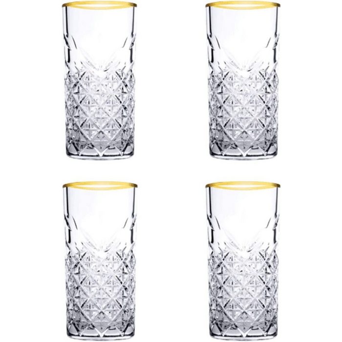 Pasabahce Longdrinkglas Timeless Trinkgläser Set Glas gold Set aus 4 Longdrinkgläsern für ein 4 Pers. Gedeck in edler Kristall Optik geschliffen gold