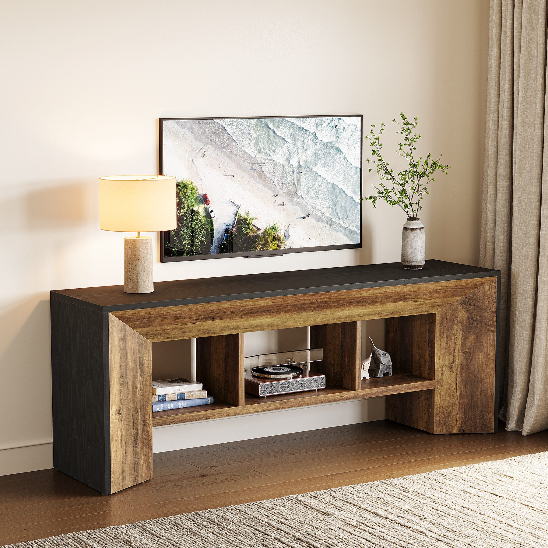 Tribesigns TV-Schrank 160cm TV-Ständer mit offenen Ablageflächen, mit 3 Ablagefächern (2-stufiger TV-Schränke & Konsolentisch)
