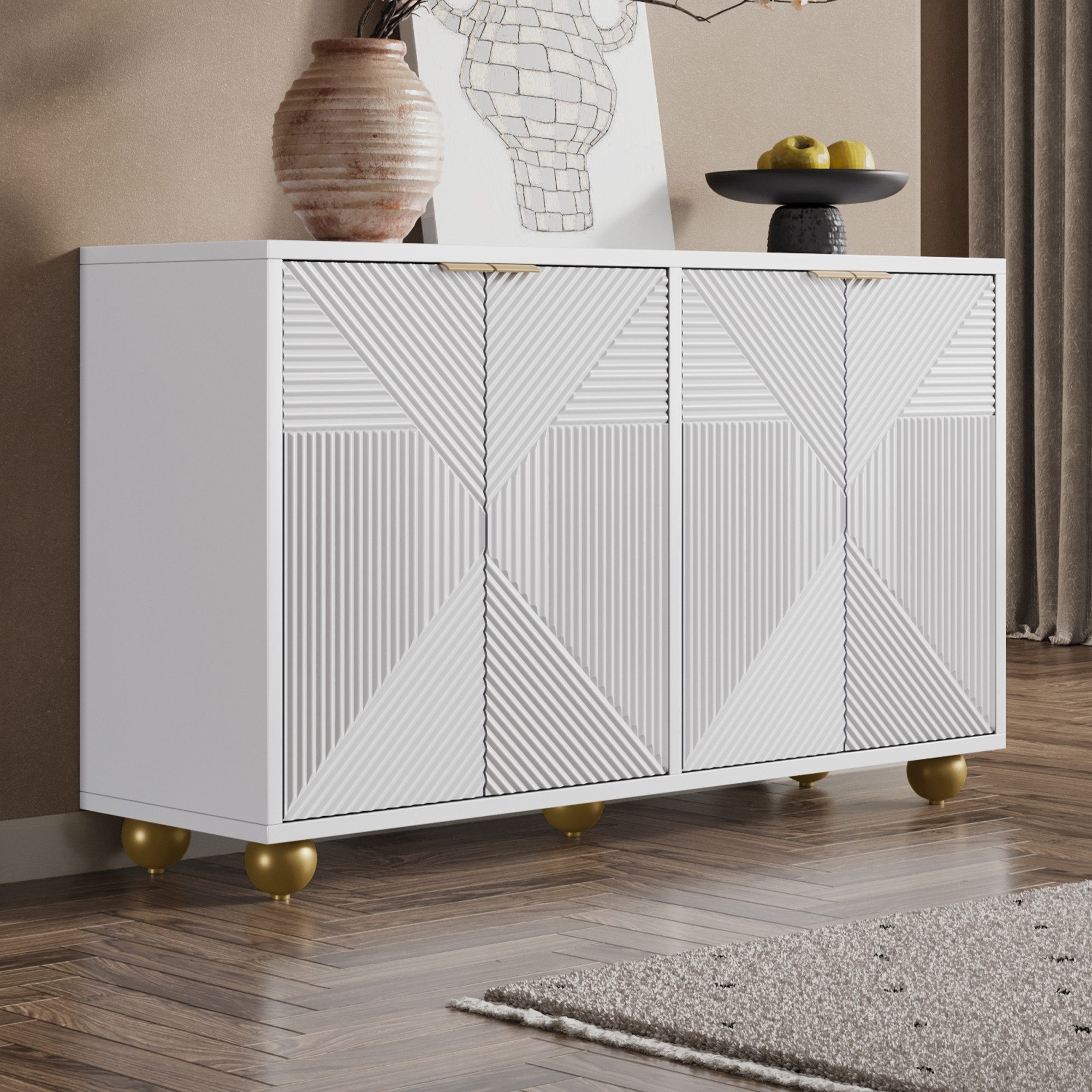 Merax Sideboard mit gravierten Türen & goldenen Akzenten (120x35x71,5 cm, 1 günstig online kaufen