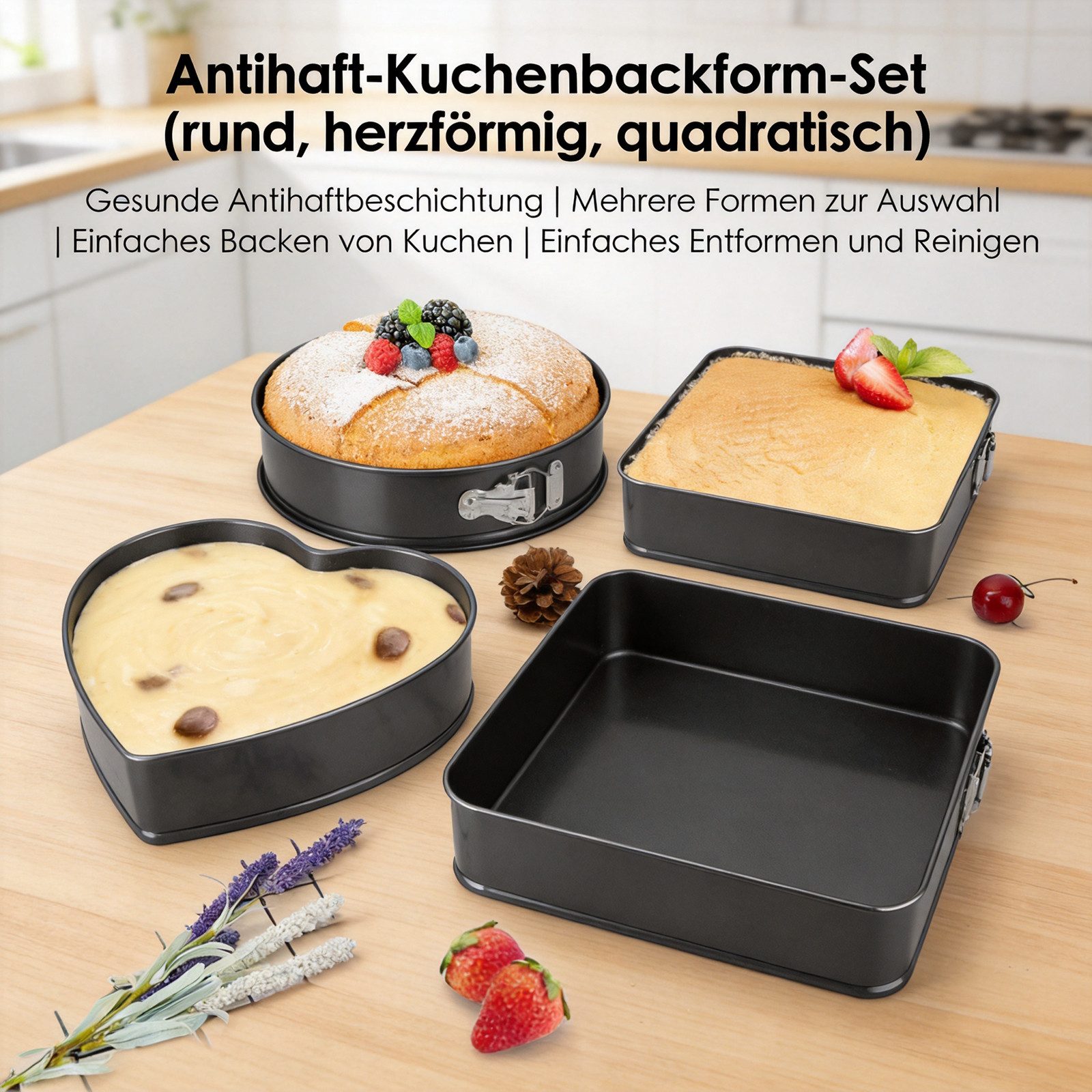 AIMAX Springform 3-teiliges Set mit Antihaftbeschichtung, Kuchenform mit herzförmig, rund, quadratisch, auslaufsicher
