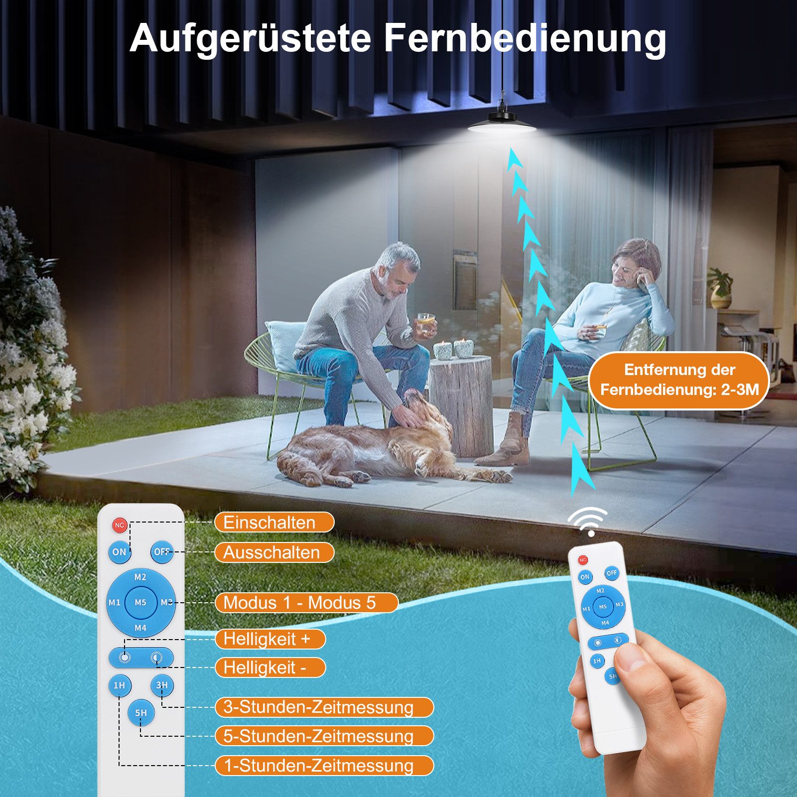 Rosnek LED Solarleuchte IP65 Wasserdichte Dimmbar Solarlampen für Außen mit Bewegungssensor, 5 Modi Solar Hängelampe mit 5m Kabel für Garten Balkon Pavillon – Bild 5 von 5