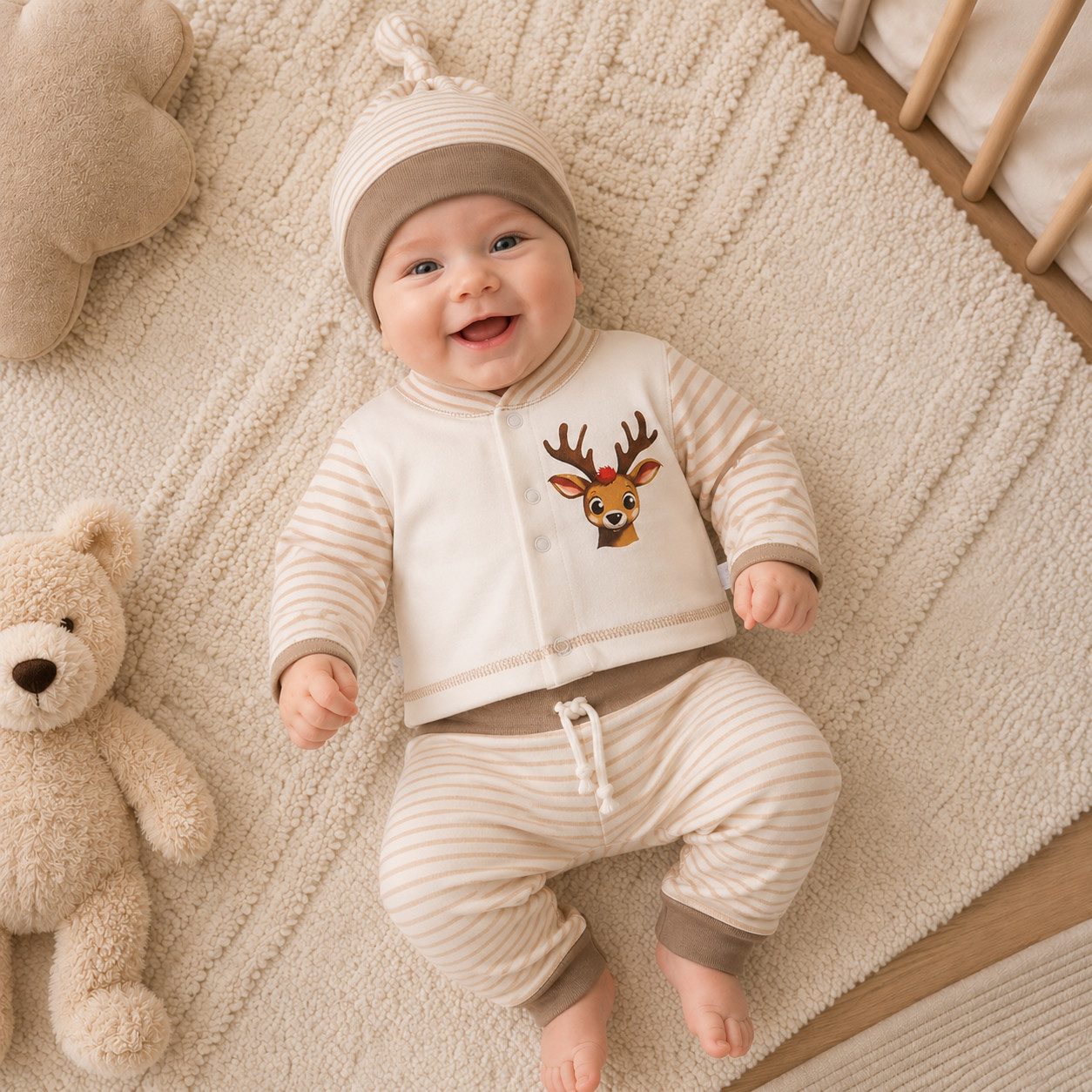 La Bortini Langarmshirt & Hose Baby Anzug Hemdchen Mitwachshose Mütze neutral (für Jungen und Mädchen, Erstlingsset, 3-teilig) unisex, 44 50 56 62 68 74 in beig – Bild 2 von 5