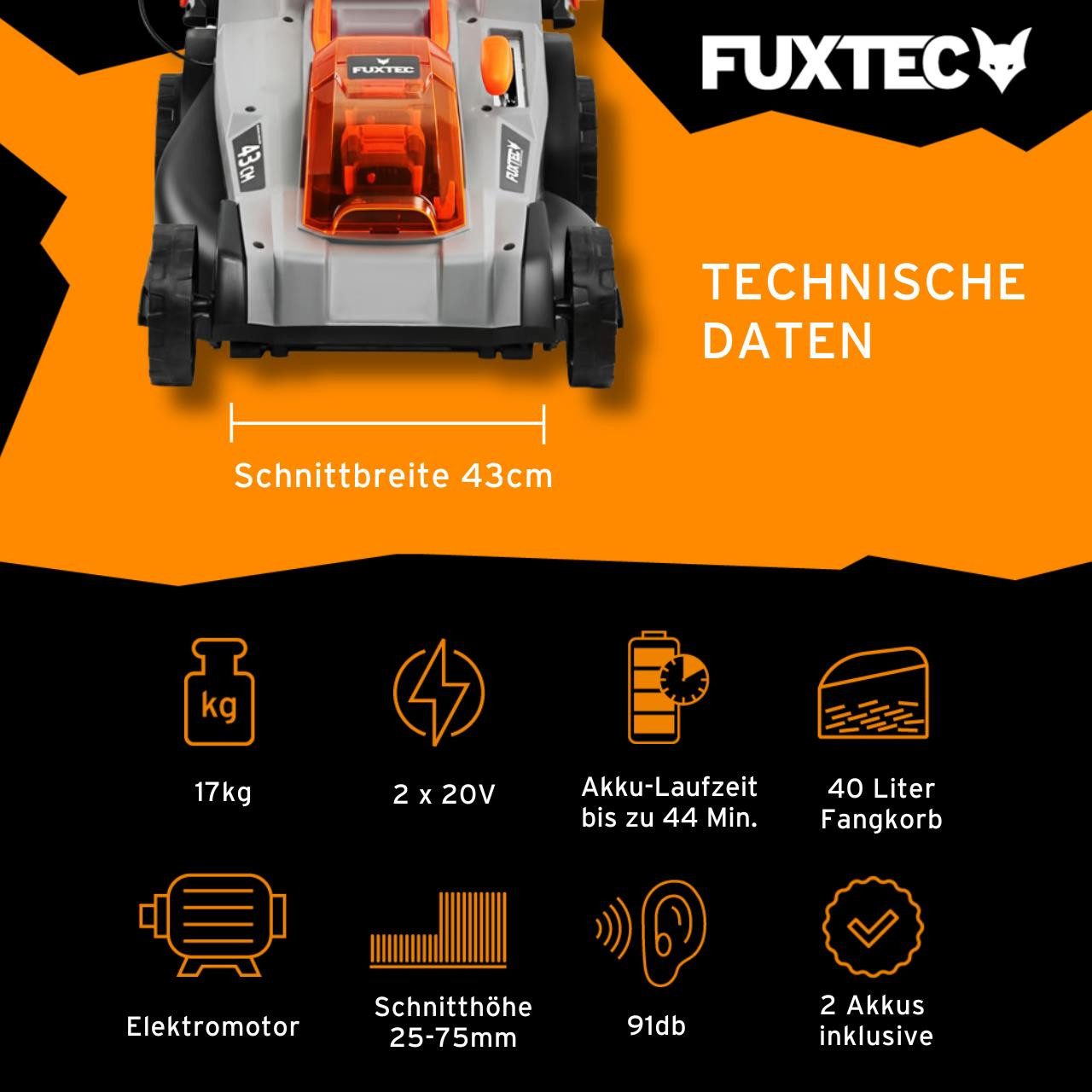 FUXTEC Akkurasenmäher FX-E2RM43SET, 43 cm Schnittbreite, 43 cm Schnittbreite, 40 L Fangkorb, E-Start, 2x20V Akku, 25-75mm