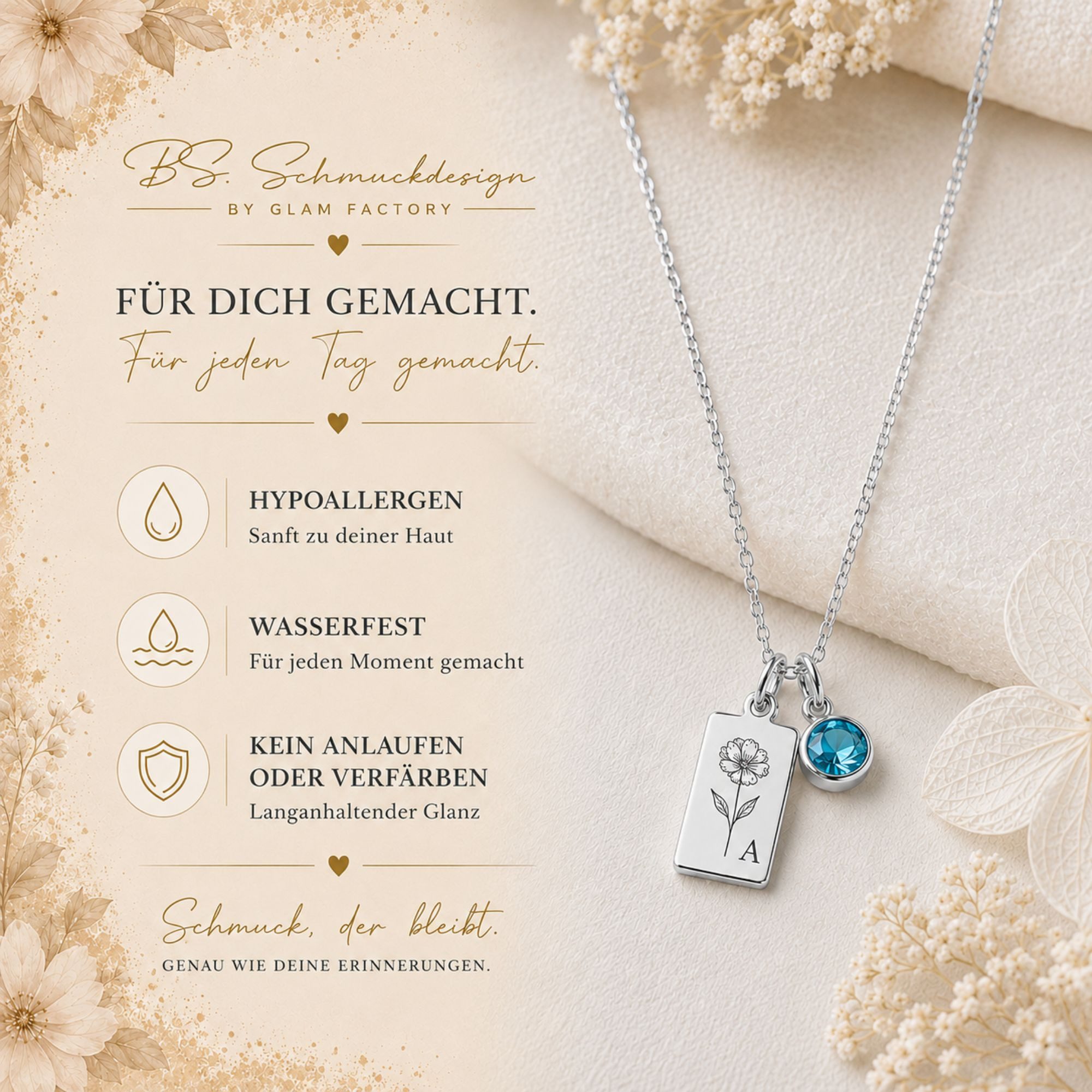 BS Schmuckdesign Kette mit Anhänger mit Gravur Personalisierte Halskette Damen mit Gravur Monatsblume Initiale (inkl. Geburtsstein), inkl. Geschenkbox – Bild 4 von 5