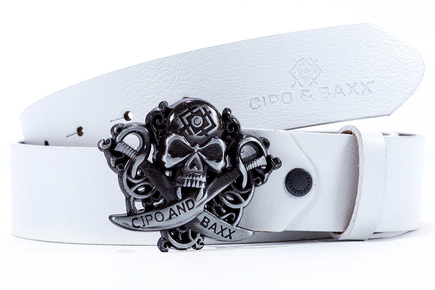 Cipo & Baxx Herren Gürtel BA-CG146 White 100cm x 3,8cm (1-St) mit Totenkopfschnalle und Logo