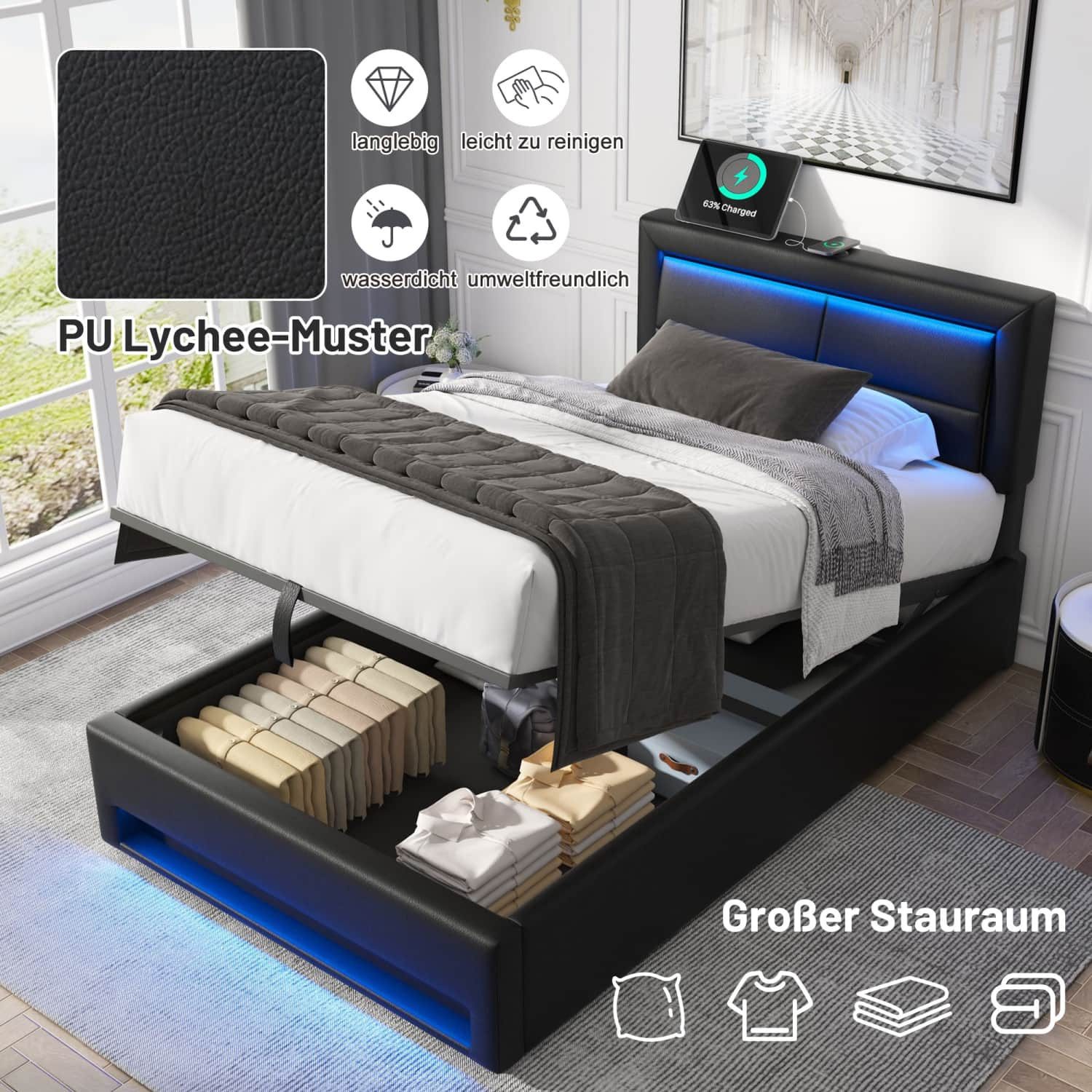 ANYSUN Polsterbett Doppelbett mit LED-Beleuchtung,USB-Anschluss,ohne Matratze,Lattenrost (Bett), Hydraulisch anhebbarer Stauraumbett,90cm×200cm,150kg Tragfähigkeit