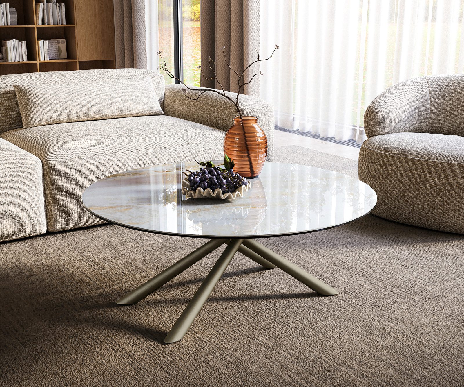 DELIFE Couchtisch Edge, Rund 100x100 cm Keramik Onyx Pearl Sarity Metall Effektfinish Titan
