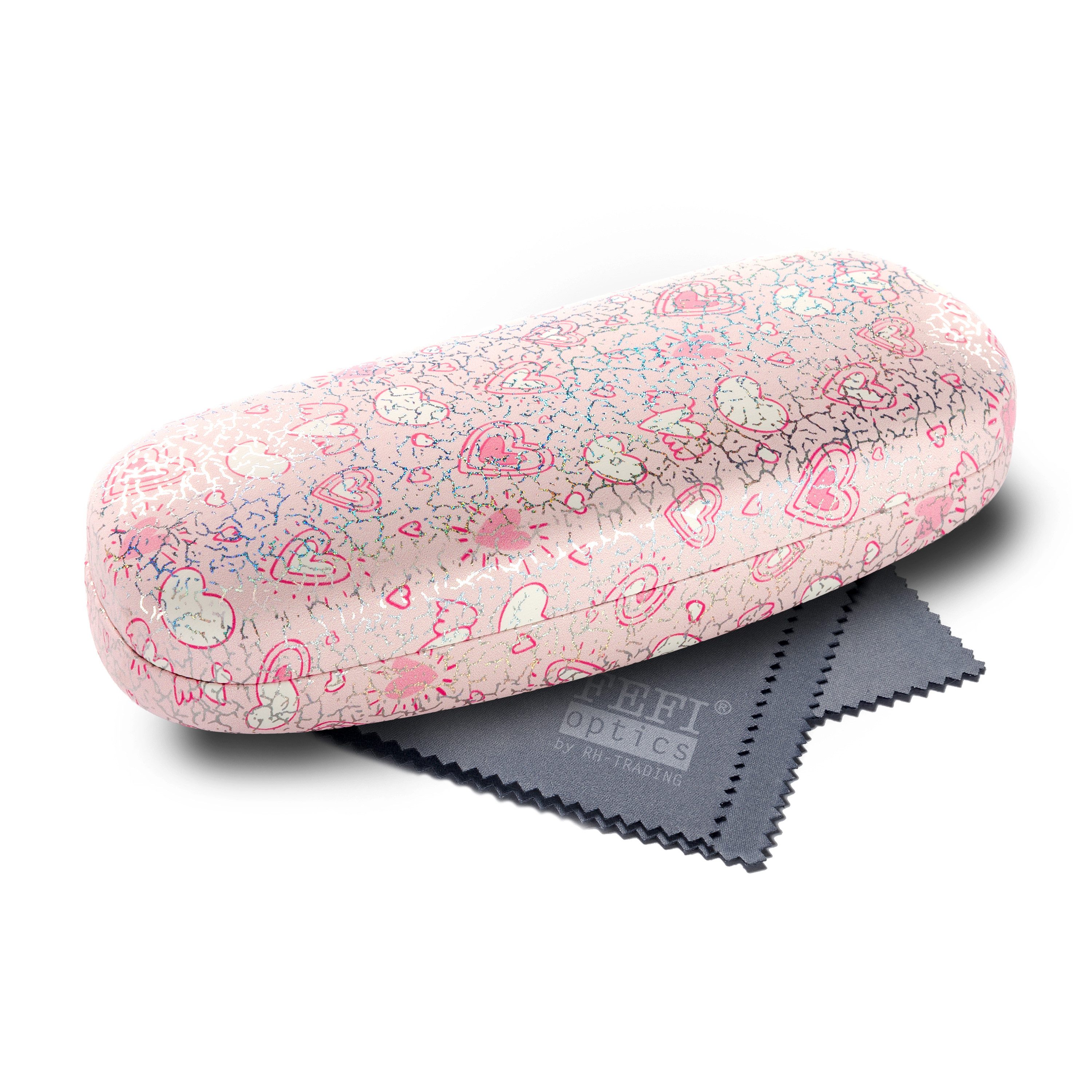FEFI Brillenetui Hardcase - Glitzer-Optik mit Herz-Motiv, Set aus 1 Etui + hochwertigem Mikrofasertuch