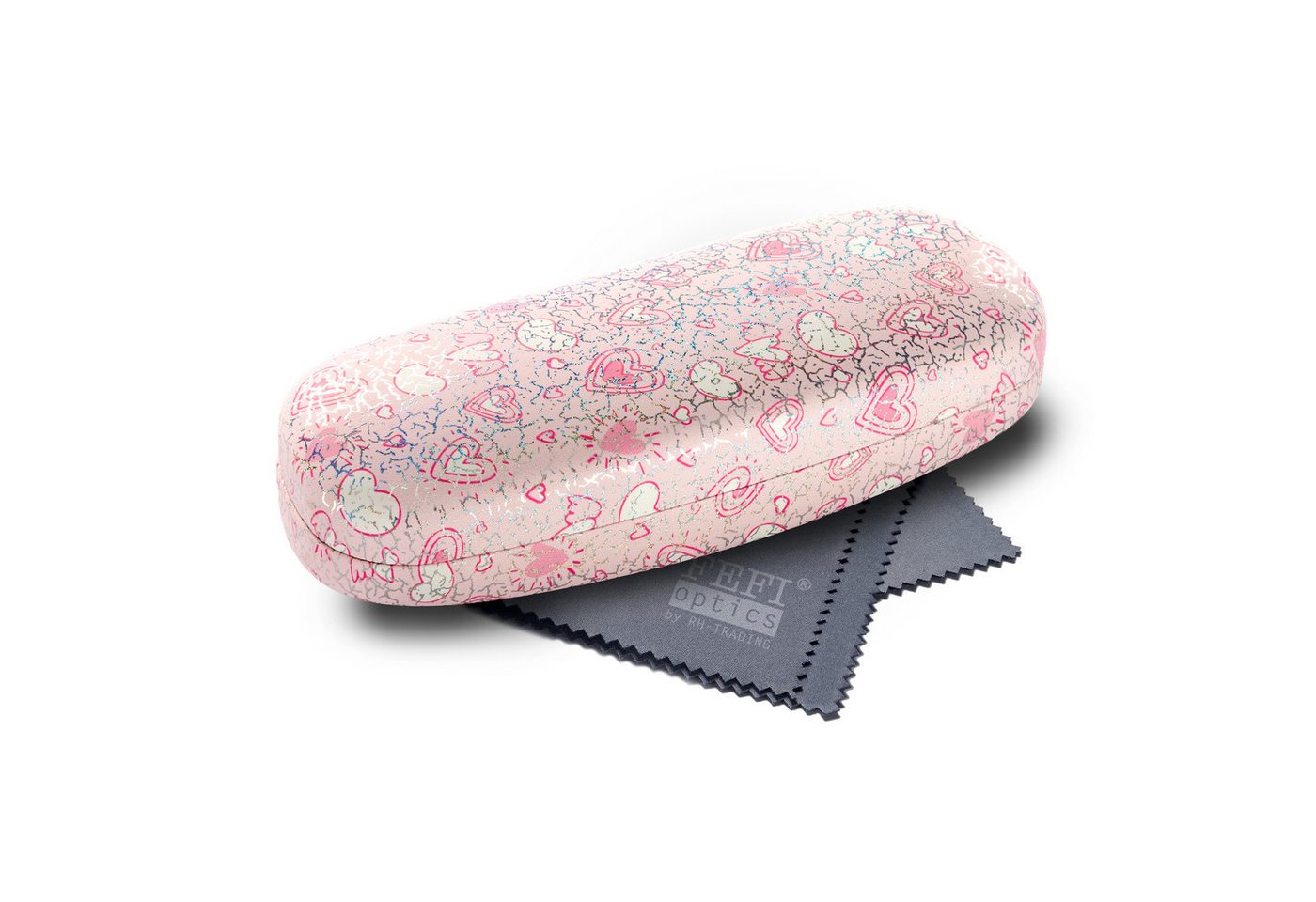 FEFI Brillenetui Hardcase - Glitzer-Optik mit Herz-Motiv, Set aus 1 Etui + hochwertigem Mikrofasertuch