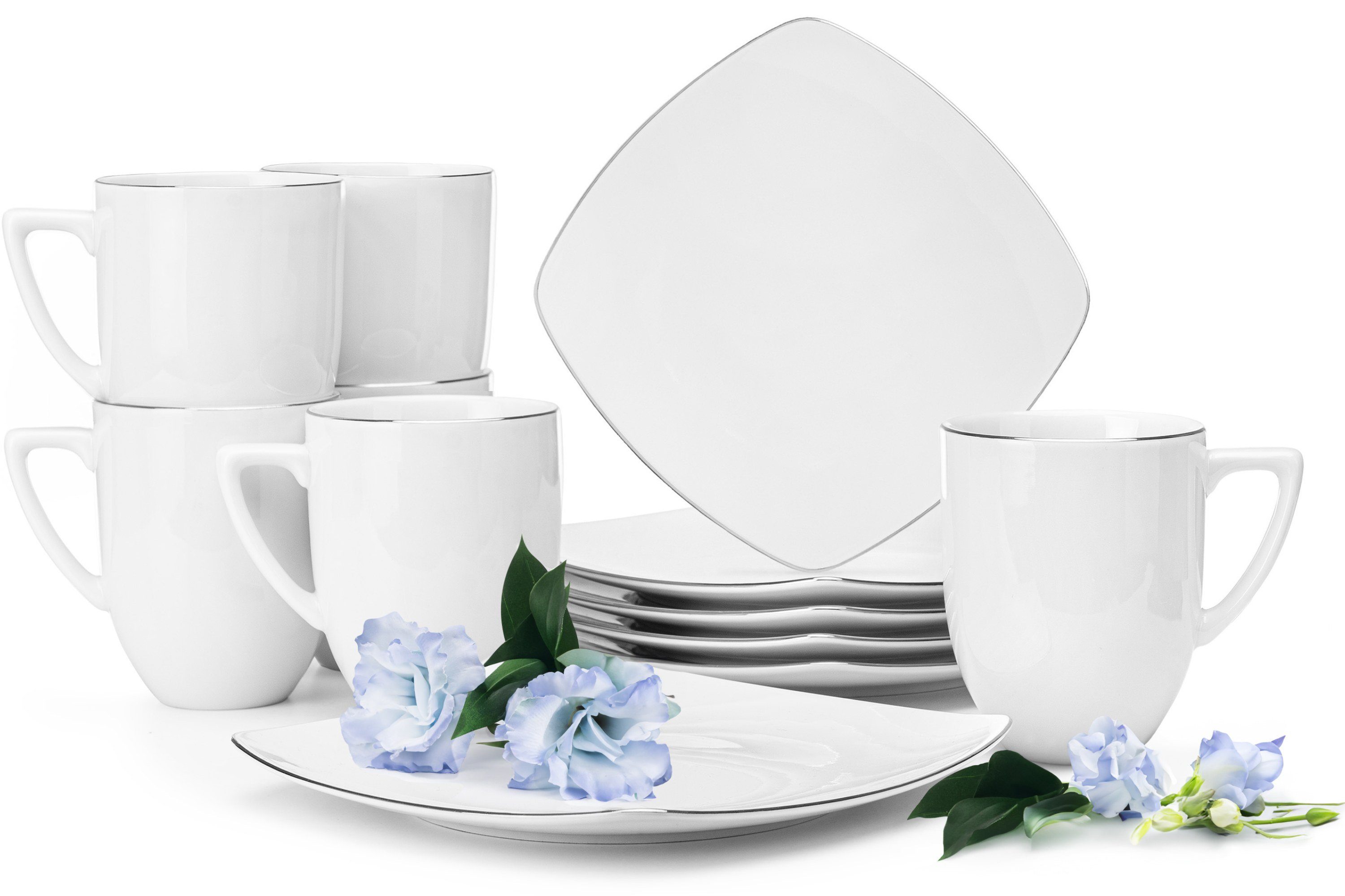 Konsimo Kaffeeservice CARLINA Becher Dessertteller (12-tlg), 6 Personen, Porzellan, Handwäsche, quadratisch, Elegant Platin