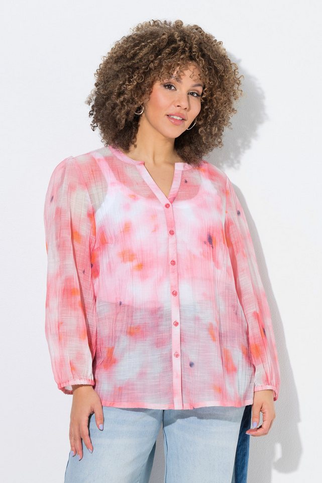 Ulla Popken Longbluse Chiffon-Bluse Batikmuster Tunika-Ausschnitt