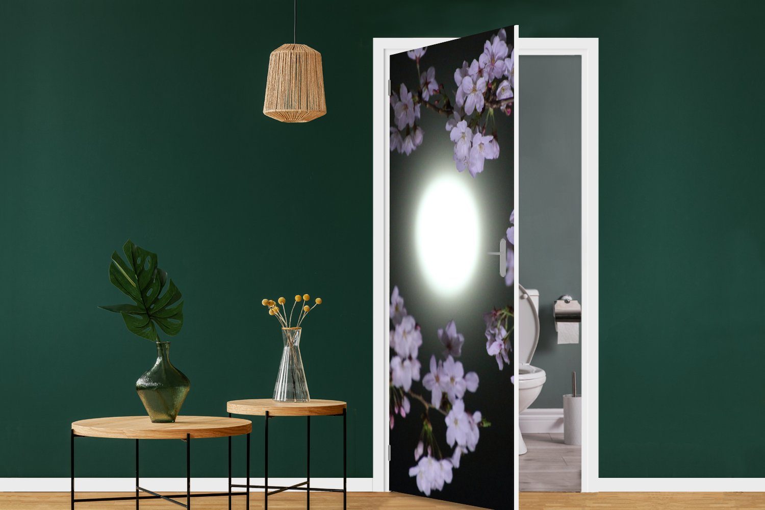 75x205 für Blüte, Türtapete Tür, Mond bedruckt, Fototapete Matt, MuchoWow (1 - Türaufkleber, cm St), - Schwarz