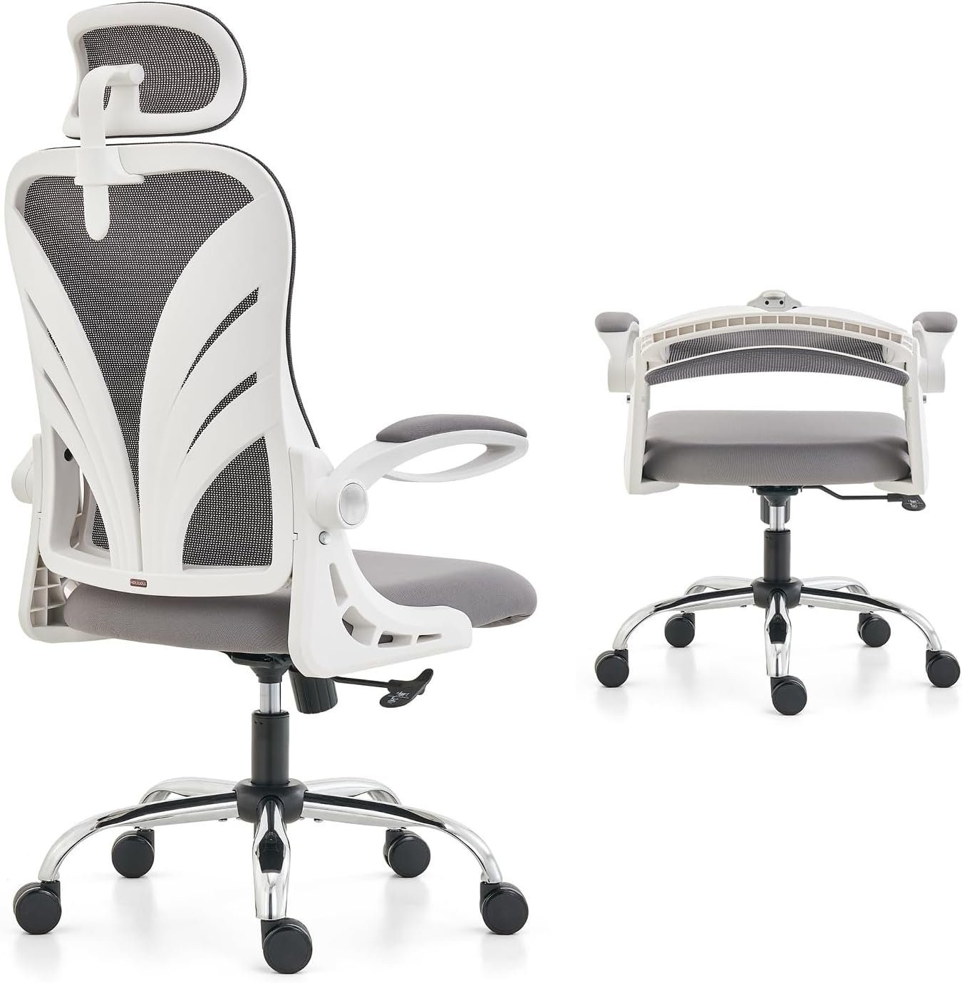 HOLLUDLE Bürostuhl (Klappbarer Rückenlehne mit Erweitertem Sitz(52 cm), Bürostuhl mit Klappbarer Rückenlehne,Hochklappbaren Armlehnen, Schwarz