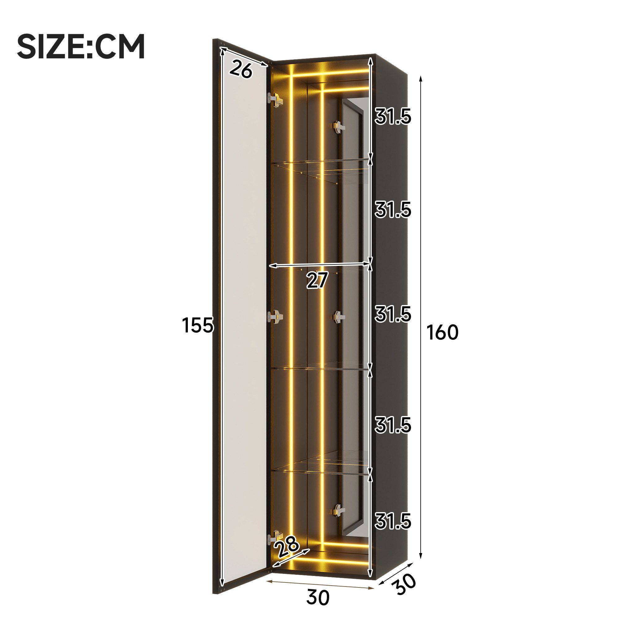 Celya Glasvitrine mit gehärtetes Glas, verstellbare Einlegebödenund LED-Lichtleiste (mit Aluminiumrahmen, 5 Staufächer, Scharniere mit Soft-Close-Funktion) Ideal für Wohnzimmer, Arbeitszimmer, Schlafzimmer