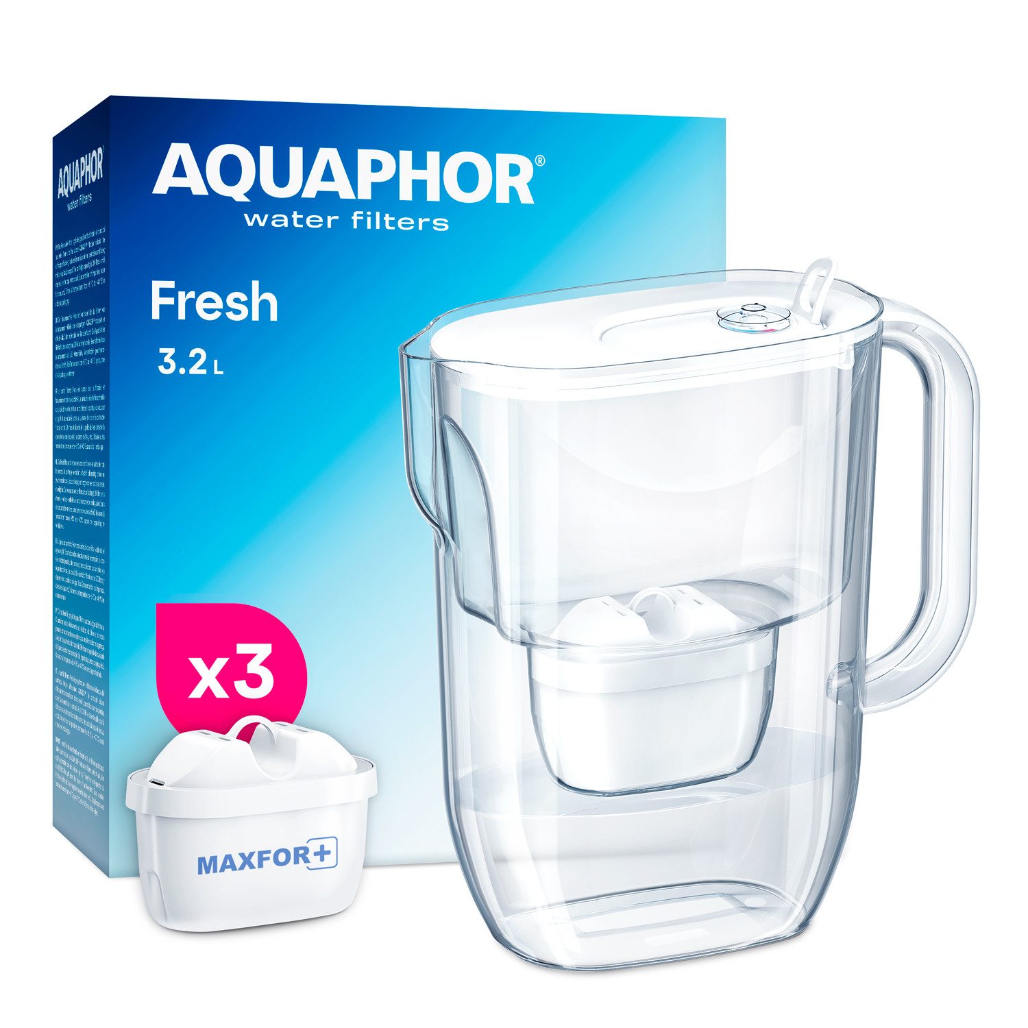 AQUAPHOR Kalk- und Wasserfilter FRESH SET Filterkanne inkl. 3x MAXFOR+ Filterkartusche, weiß, Zubehör für Filterkartuschen MAXFOR+, +H hartes Wasser & MAXFOR+ Mg. Magnesium, 200 l, /Reduziert Kalk, Chlor & weiteren Stoffen. BPA frei