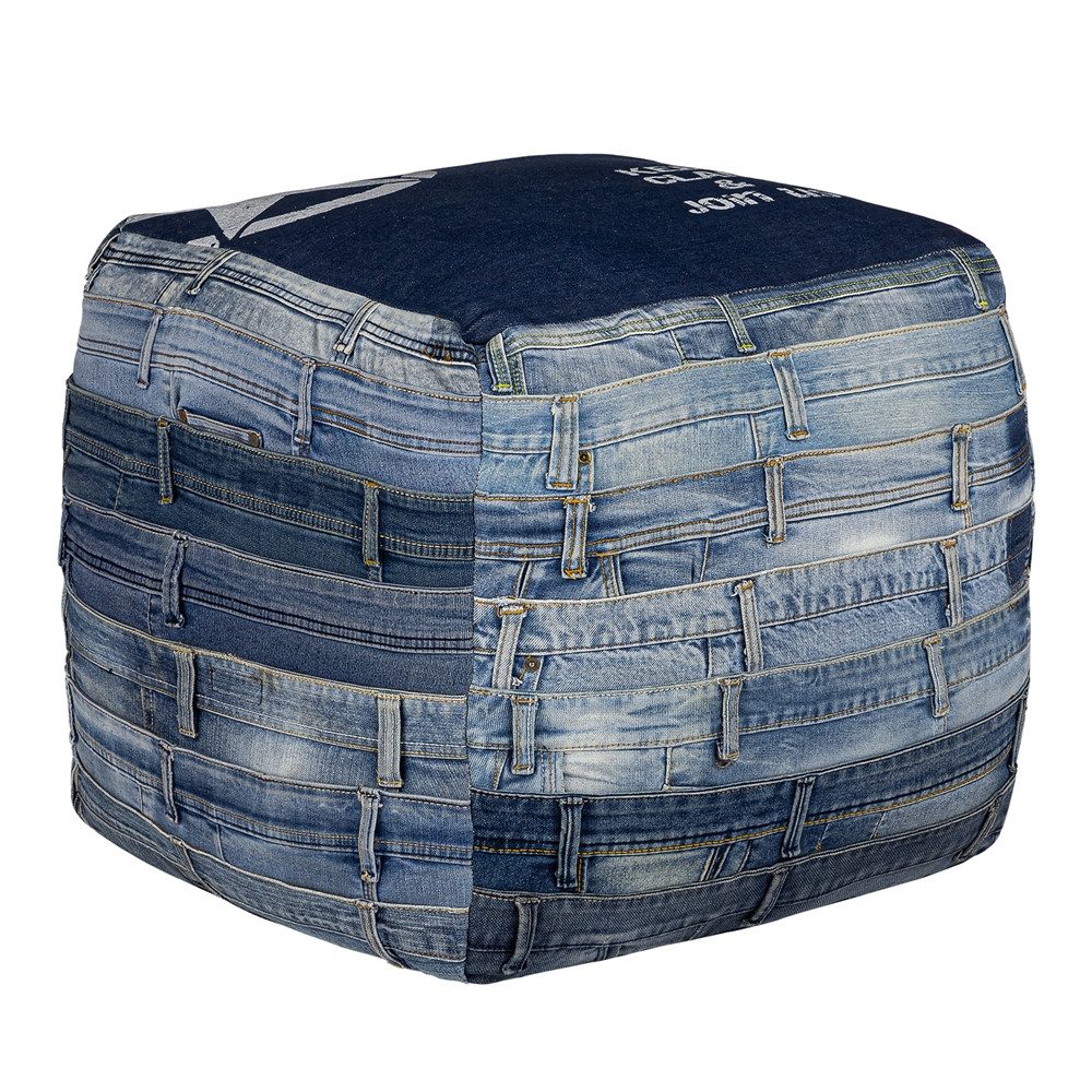WOMO-DESIGN Pouf Sitzpouf Sitzhocker handgefertigt mit Baumwolle Füllung Fußhocker Puff, Fußbank Sitzwürfel Blau aus Jeans Quadratischer Sitzkissen 45x45x45cm