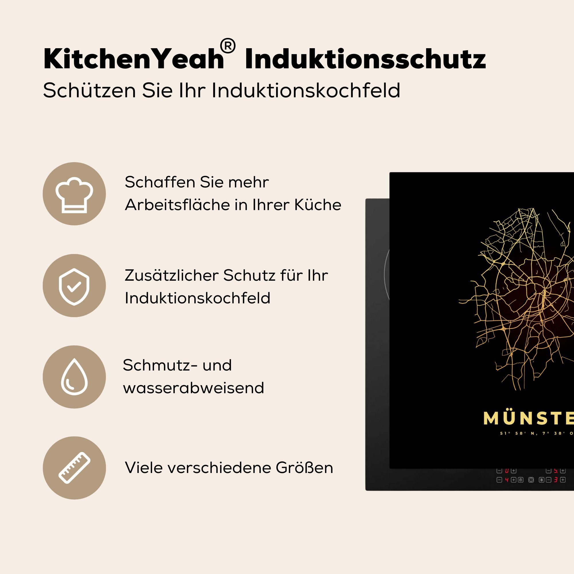 MuchoWow Herdblende-/Abdeckplatte - Stadtplan küche Karte, Münster 78x78 für tlg), - - Arbeitsplatte Karte Gold Vinyl, - Ceranfeldabdeckung, (1 cm