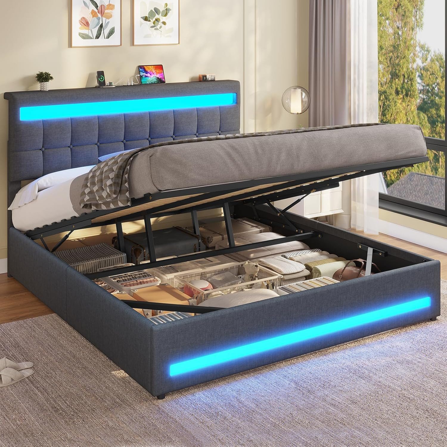 MSMASK Polsterbett Hydraulisches Stauraumbett mit höhenverstellbarem Kopfteil (Ohne Matratze), Funktionsbett, Jugendbett mit LED-Beleuchtung und Ladeanschlüssen