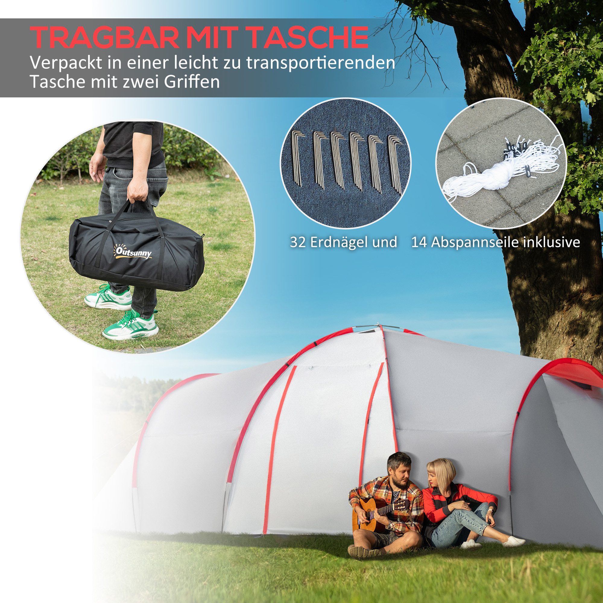 Outsunny Tunnelzelt Campingzelt mit 2 Schlafzimmern, Wohnbereich, Personen: 6 (2000 mm wasserdicht, 1 tlg., UV50), tragbar mit Tasche, für Angeln, Wandern