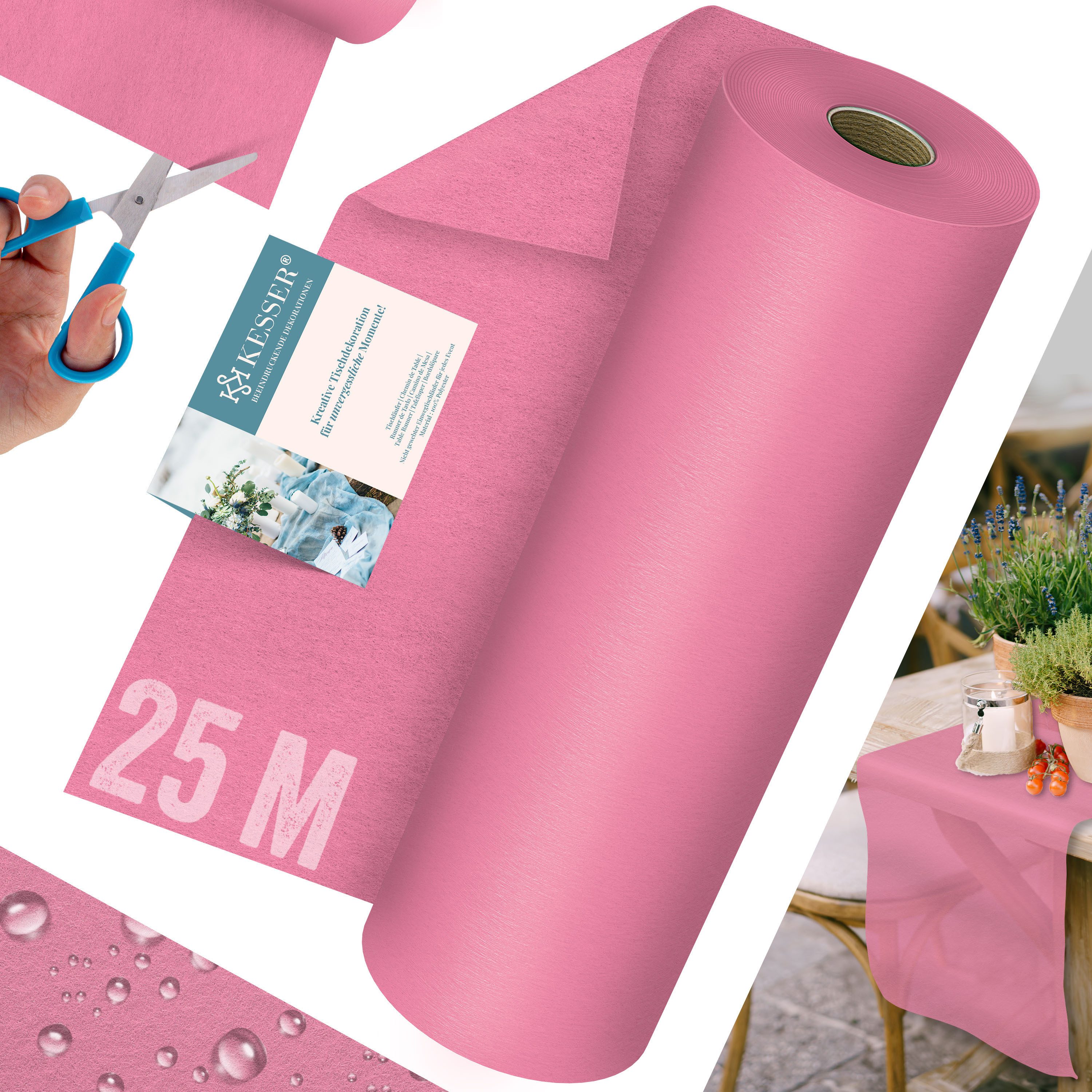 KESSER Tischläufer 25 m × 30 cm, wasserabweisend & abwaschbar, 30 g/m², anpassbare Vlies-Tischdekoration – für Feste aller Art geeignet