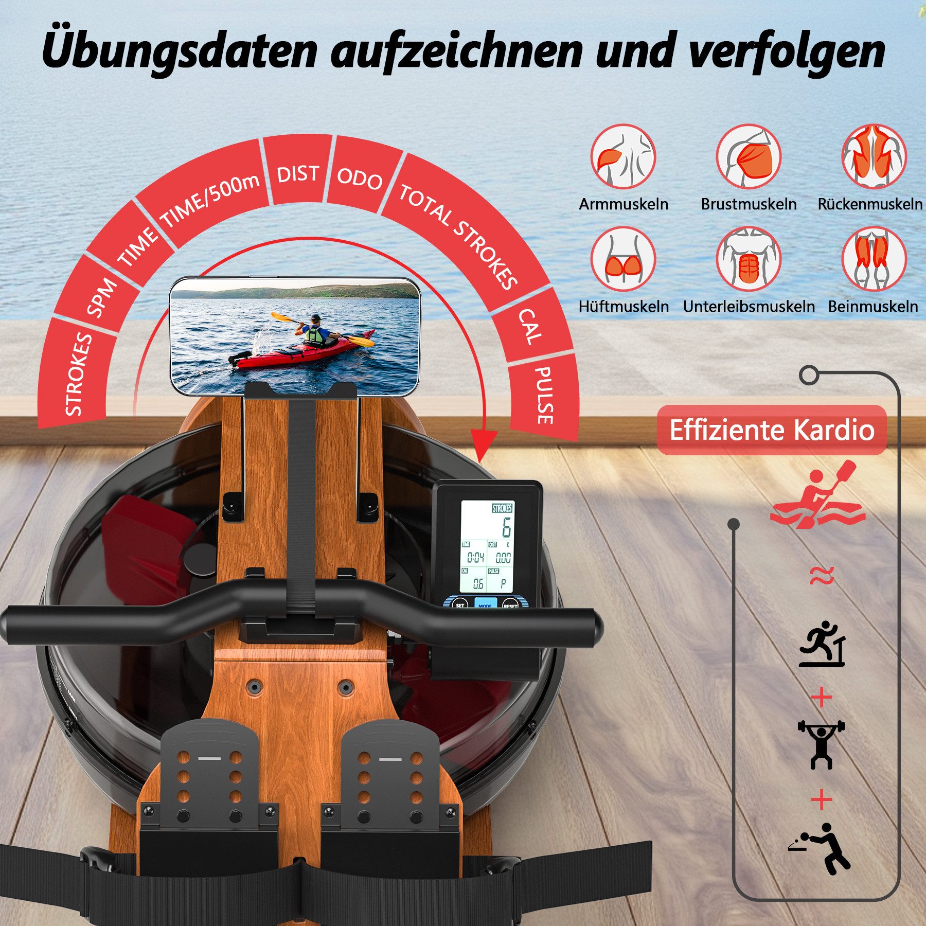 Wenoker Rudergerät hochwertiges Faltbares Wasserrudergerät aus Massivholz für Zuhause (1-tlg), mit Bluetooth-Monitor & Tablet-Halter, bis 150 kg belastbar – Bild 4 von 5