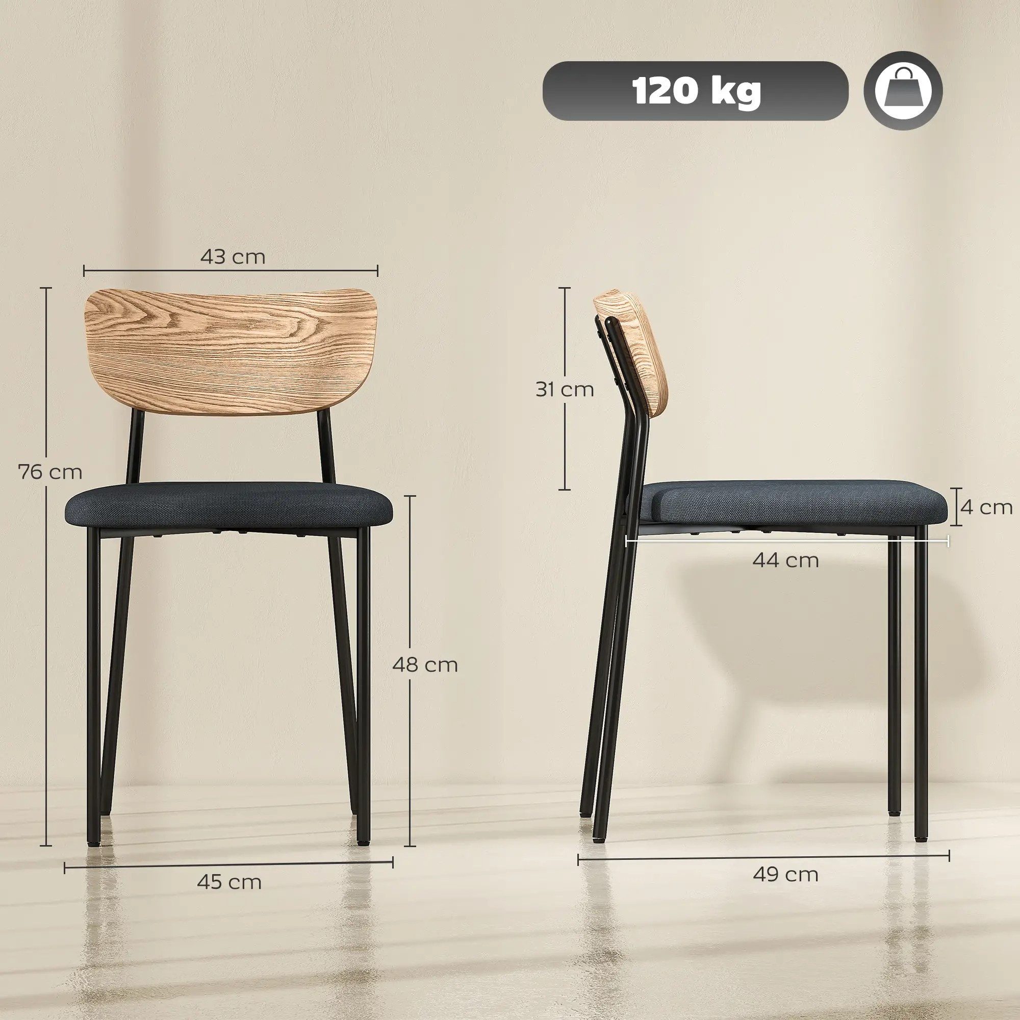 BlingBin Esszimmerstuhl Küchenstuhl Polsterstuhl, Metallbeine (2er-Set, 2 St), Leinenoptik, armloses Design, Esszimmergruppe, Grau