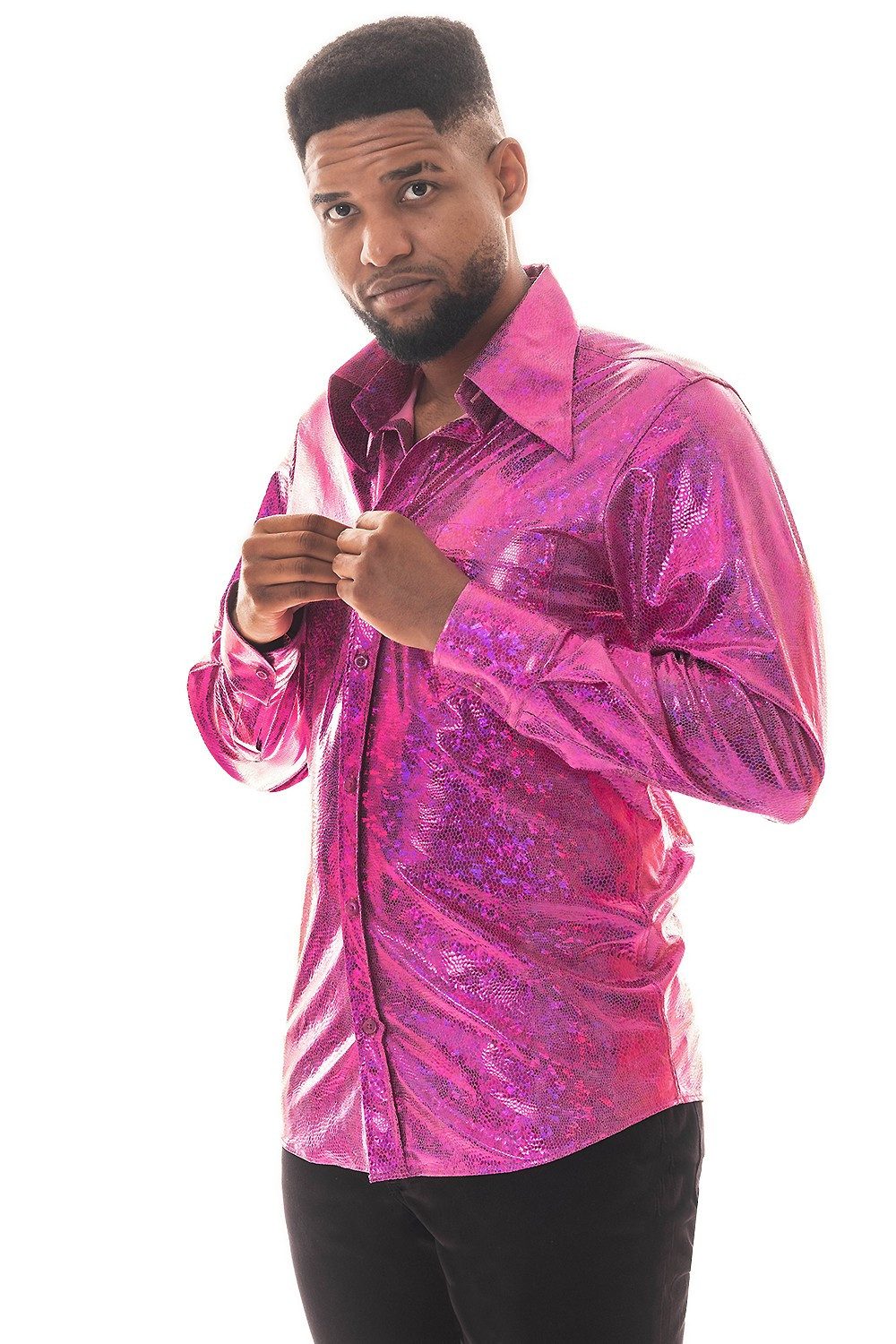 Comycom Langarmhemd Herren 70er pink glitzernd günstig online kaufen