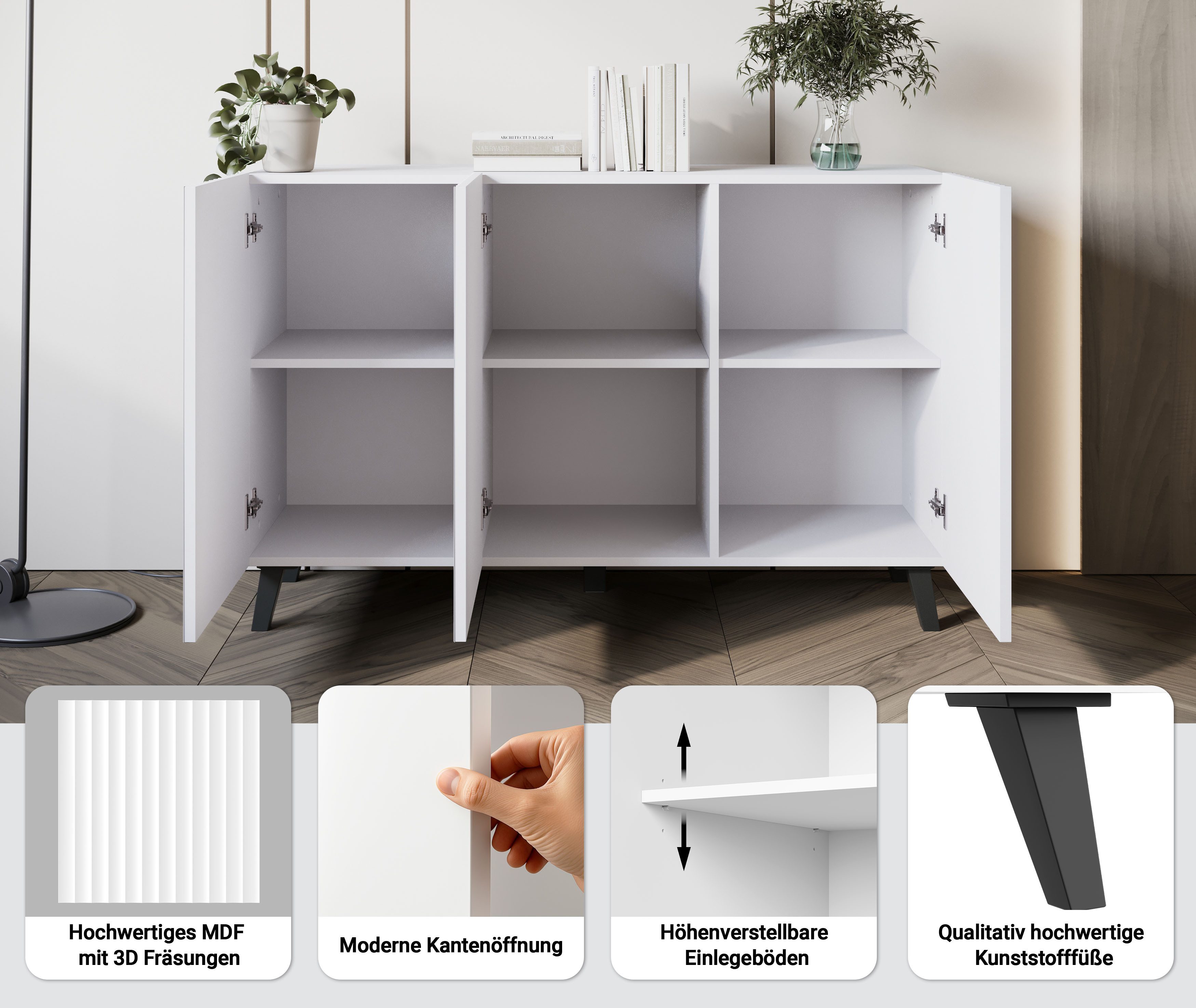 Home affaire Sideboard Phuket, Front MDF, Modernes Sideboard mit 6 Fächern, Breite 120 cm