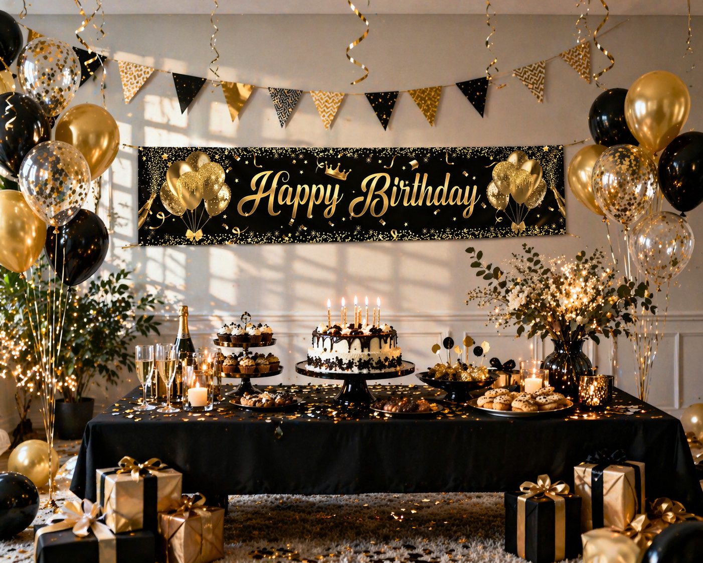 Venicce Love Dekohänger Happy Birthday Banner, Geburtstag Girlande Schwarz Gold Deko Party
