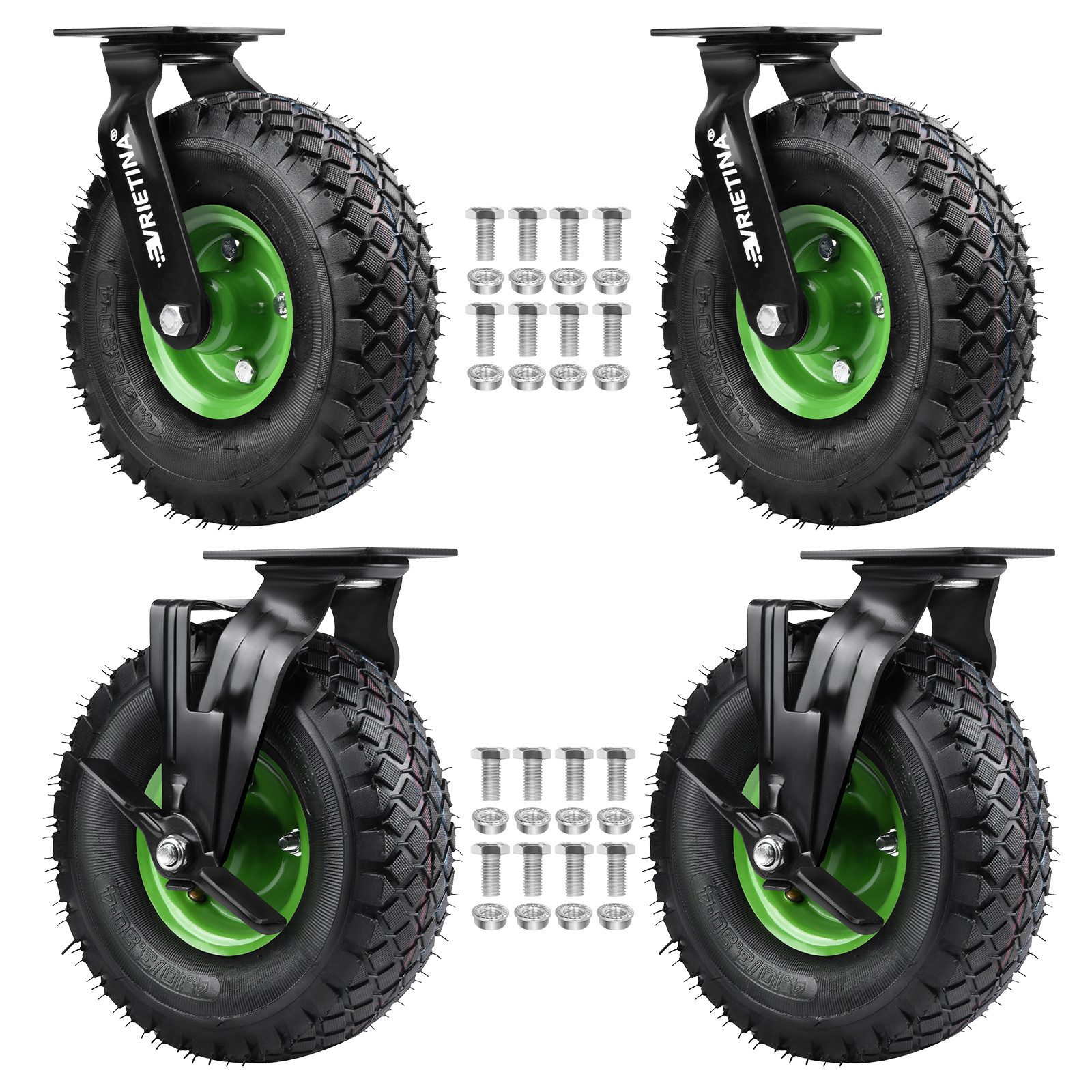 XERSEK Мебельrolle Transportrollen Luftbereift 250x90 mm Lenkrolle Brems Max.135 kg/Rad, (Schwerlastrollen Gummirollen mit Kugellager und Stahlrollenjoche, Leise Stoßdämpfend Vielseitige für Мебель Bollerwagen Werkstatt)