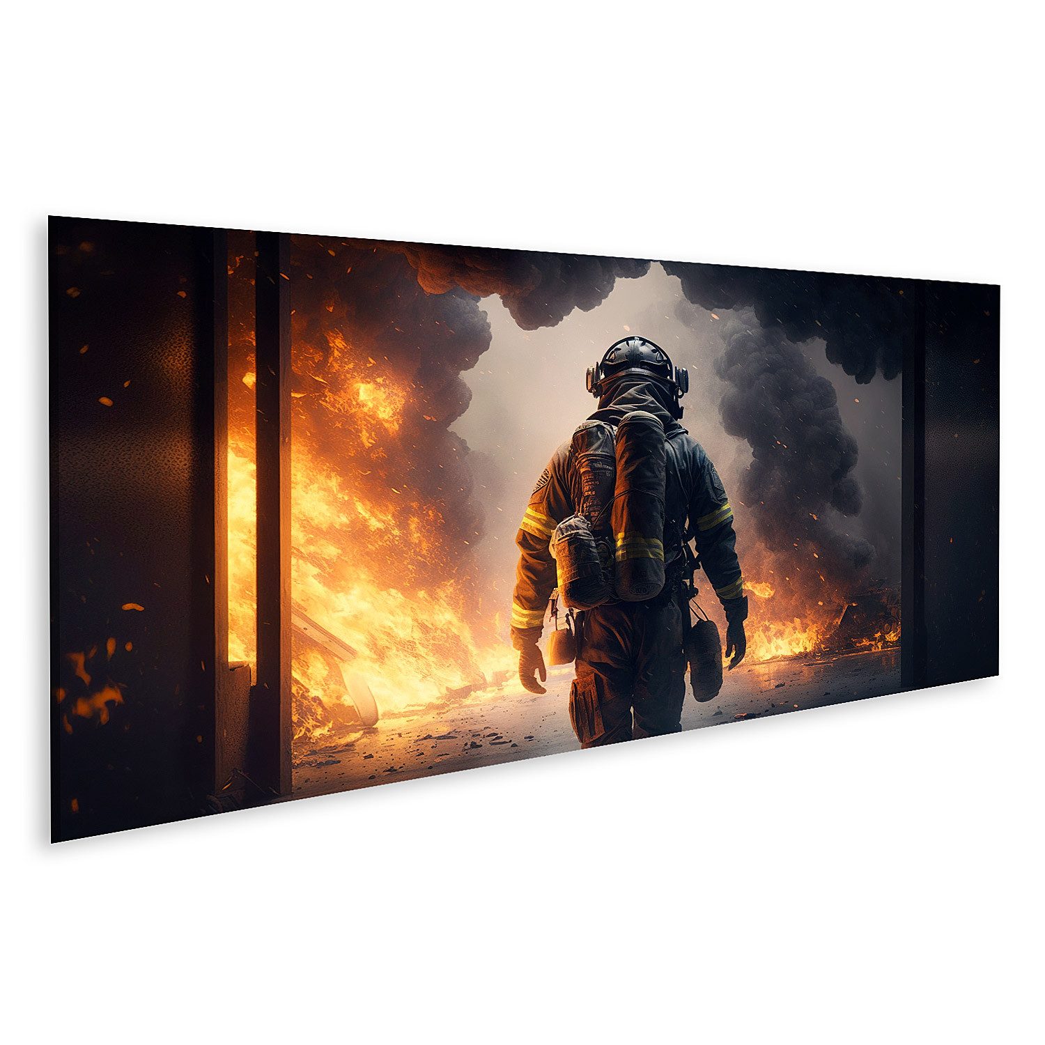 Leinwandbild Feuerwehrmann arbeitet Feuer Feuerwehrmann geht in brennende Bilder