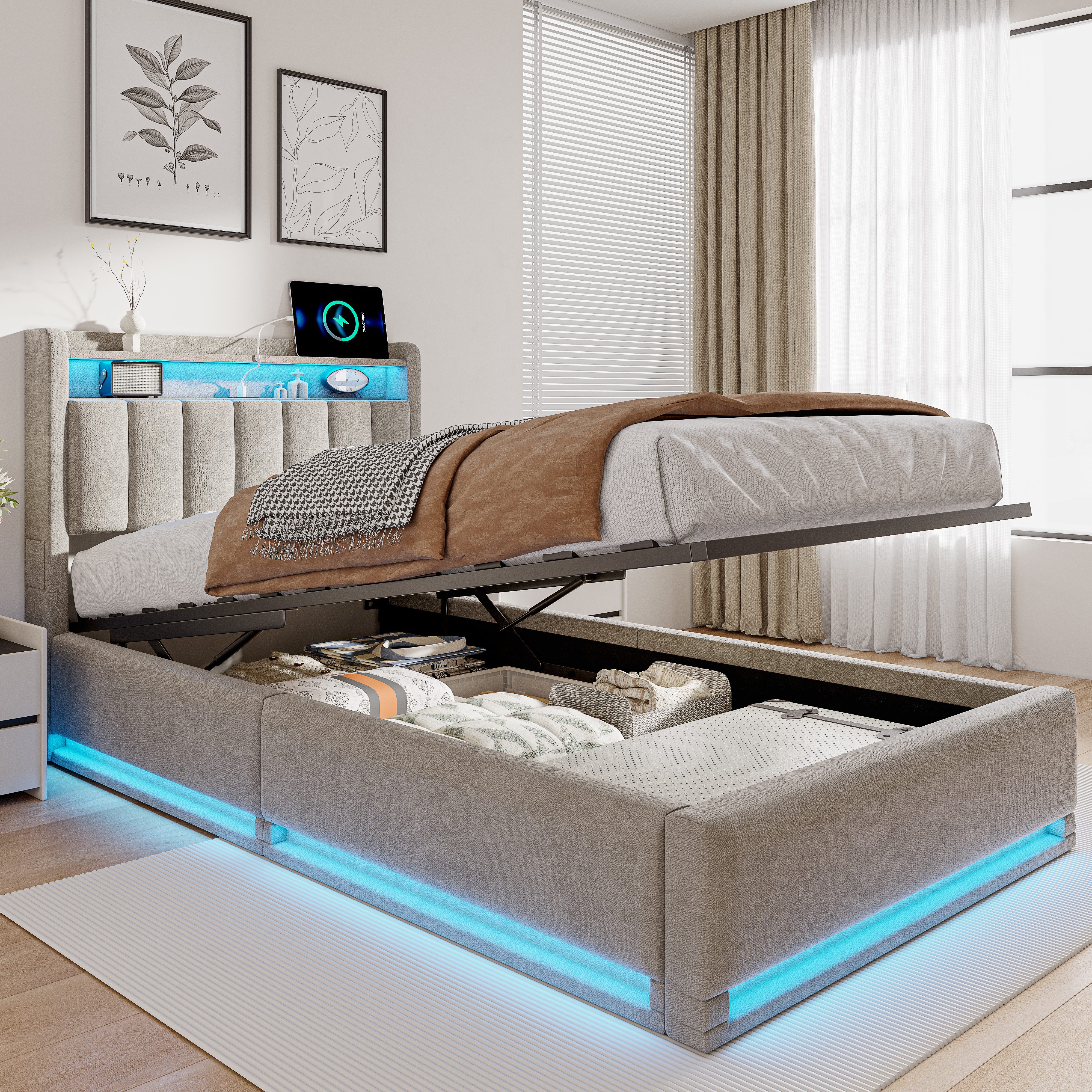 PXloue Polsterbett LED Doppelbett, Bettkasten, Ladefunktion, günstig online kaufen