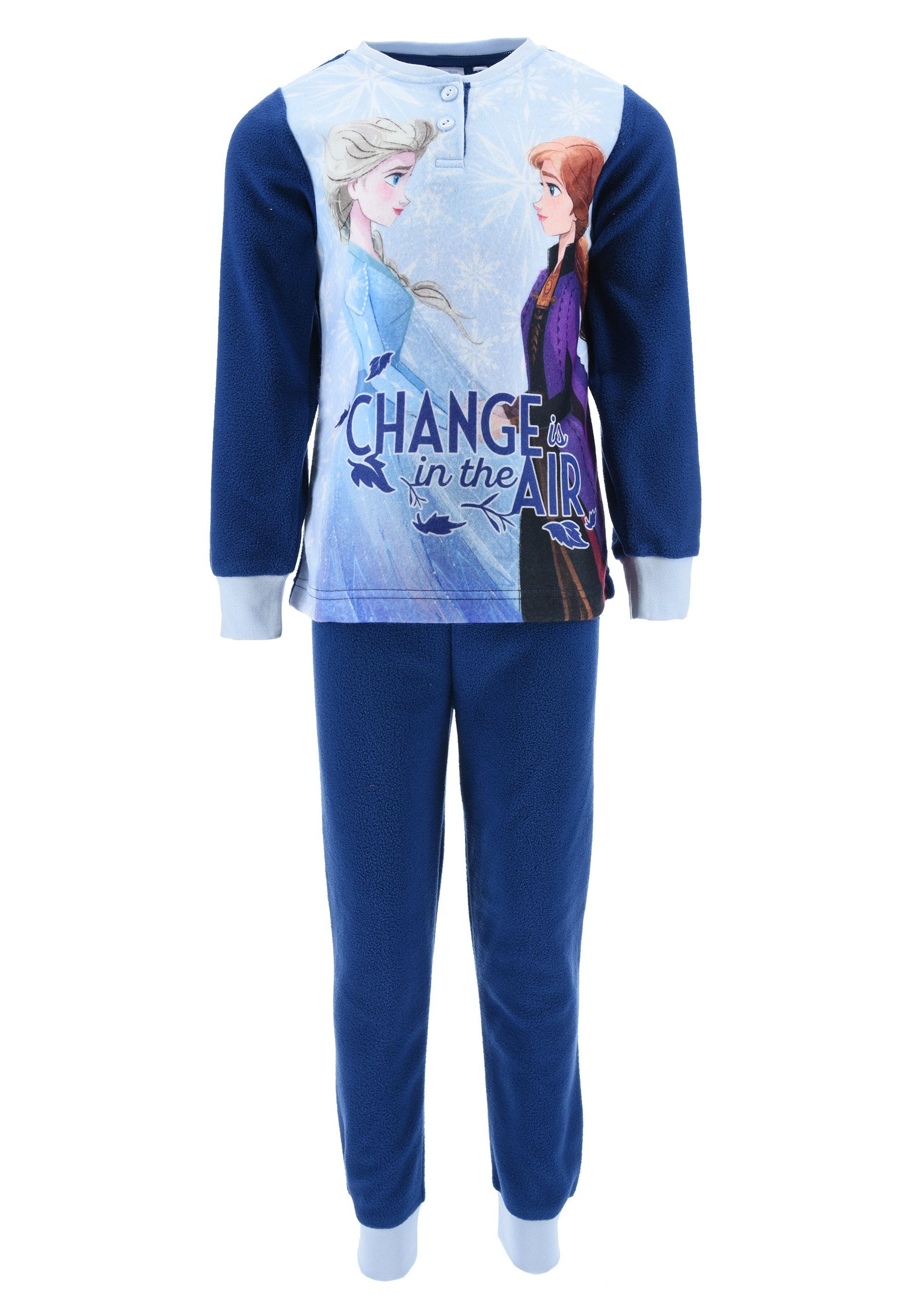 Disney Frozen Schlafanzug Die Eiskönigin Anna und Elsa Kinder Mädchen Schlafanzug Kinder Pyjama Langarm Shirt + Schlaf-Hose (2 tlg) Dunkel-Blau