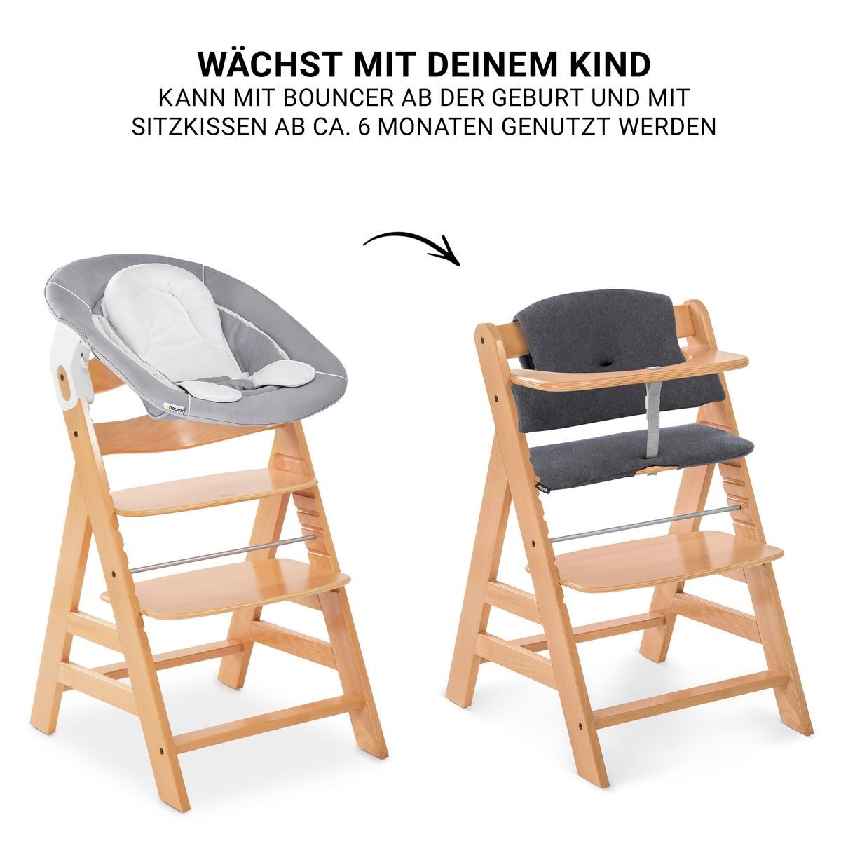 Hauck Hochstuhl Alpha Plus Newborn Set - Natur, Holz Babyhochstuhl ab Geburt inkl. Neugeborenenaufsatz & Sitzauflage